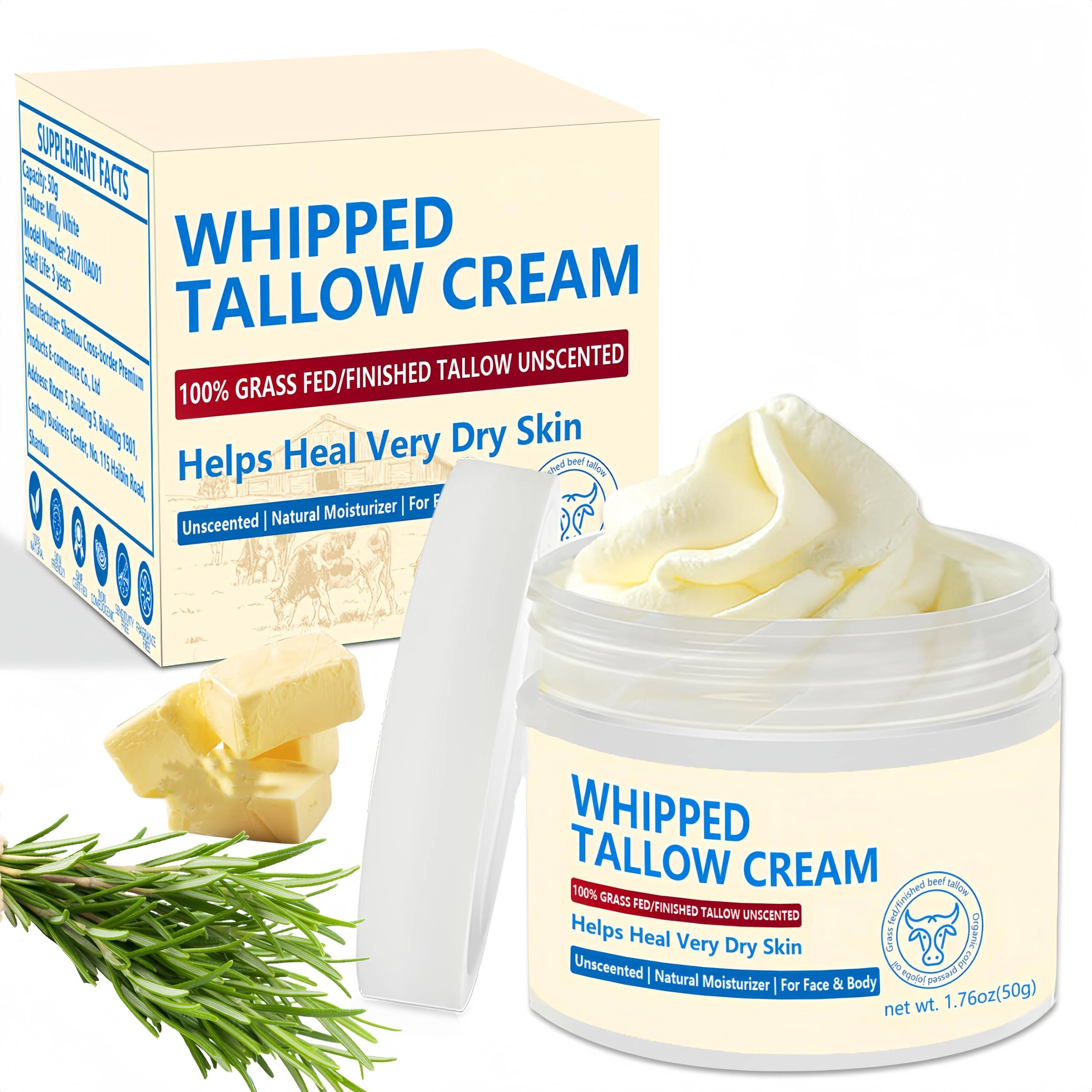 Azonee Beef Tallow, Beef Tallow for Skin, Beef Tallow Face Moisturizer, 100% Unscented Organic Grass Fed Finished Whipped Tallow Face Cream, Natural Handmade Beef Tallow Lotion for Sensitive Skin