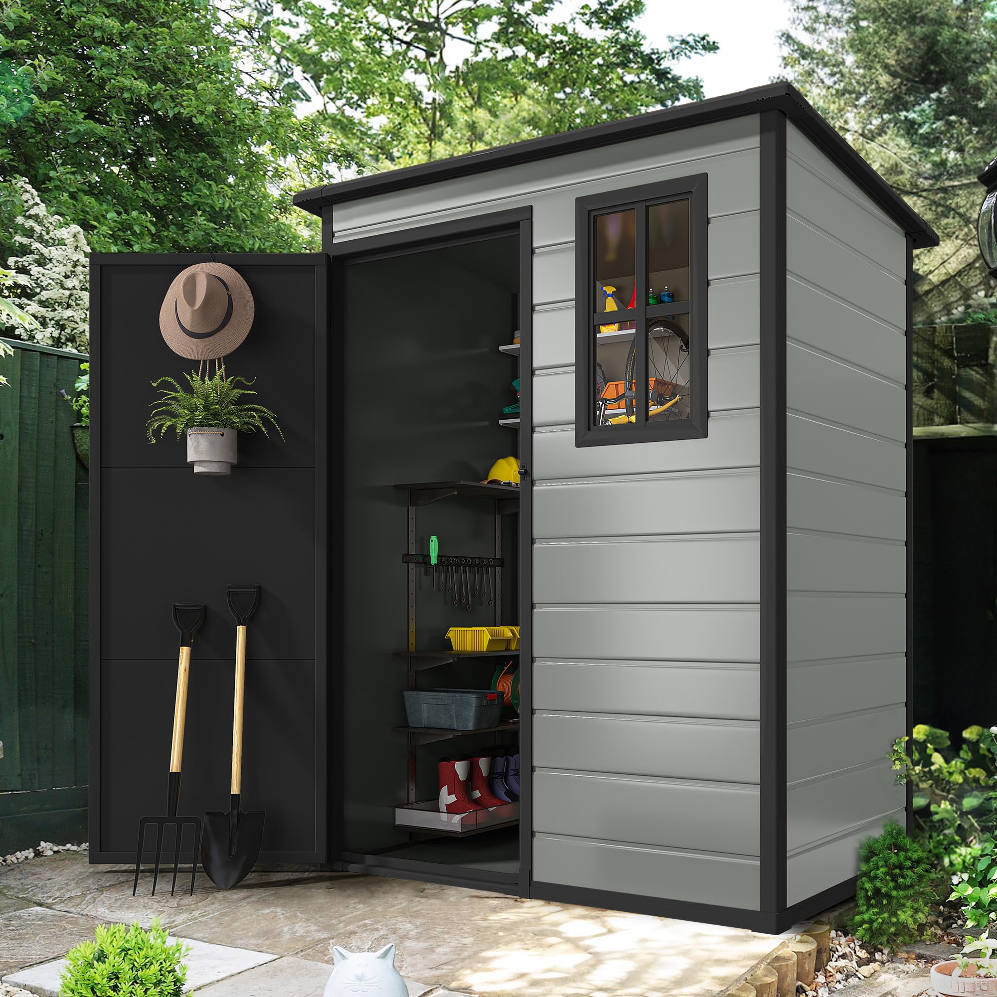 Photo 1 of DWVO 5x3 FT Outdoor Storage Shed with Reinforced Floor, All-Weather Resin Storage Shed with Lockable Door & Window, Waterproof Plastic Tool Shed for Garden, Backyard, Patio, Lawn,Blue-Gray+Black
