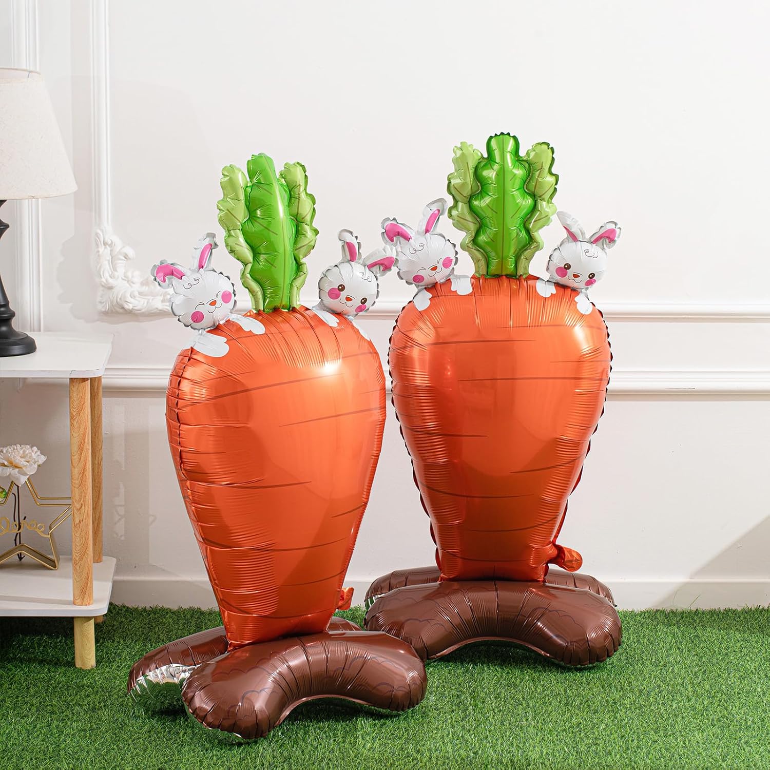 Cinnvoice 2 Pcs 46.9 Inch Jumbo Easter Balloons Carrot Shaped Foil Balloons with Base Standing for Birthday Party Easter Baby Shower Animal Picnic Cooking Party Decoration