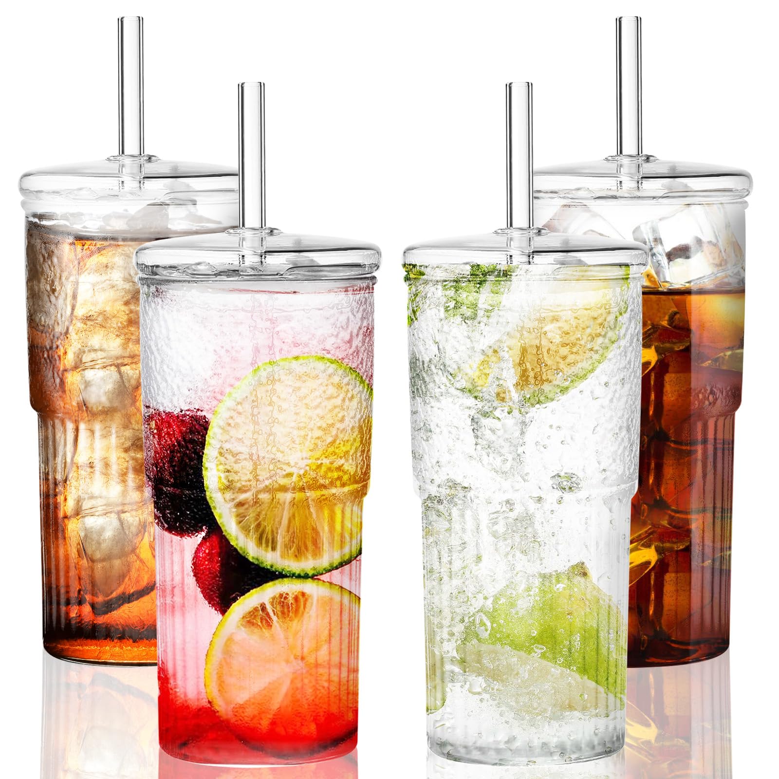 KOOSREEL Paquete de 4 tazas de café helado, vasos transparentes de 600 ml con tapas y popotes de vidrio para leche, agua helada, jugo, café, refrescos, cócteles, bebidas frías o calientes