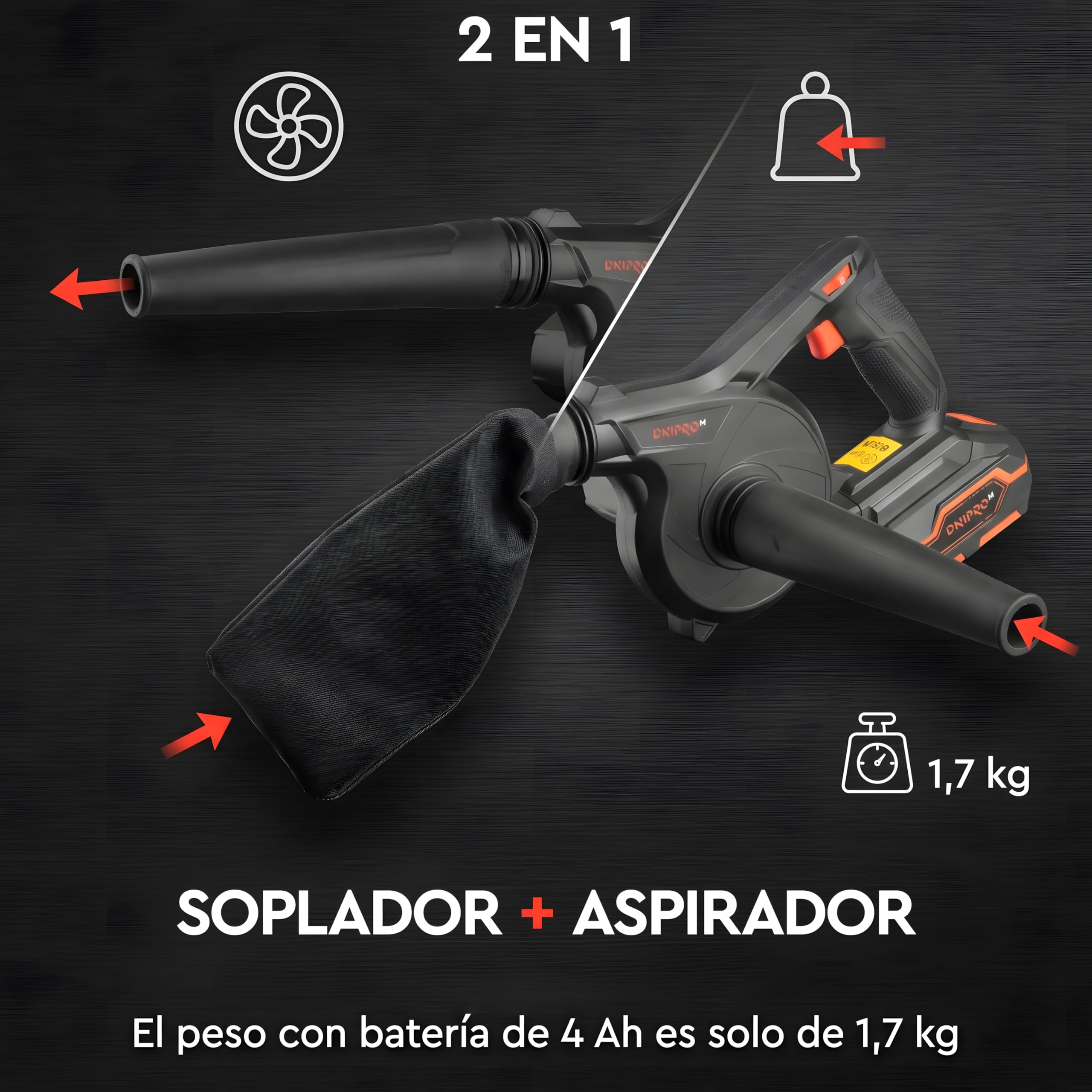 Soplador de Hojas a Batería 2 en 1 DVB-200 - Sopla Hojas, Hierba y Residuos del Jardín - Función de Aspiradora para Polvo y Suciedad Ligera - Solo 1 kg, Incluye Bateria 4Ah y Cargador- por Dnipro-M