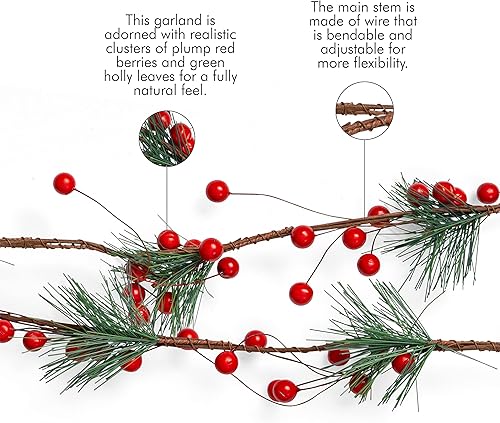 Miniatura 5 de Ornativity Guirnalda de pino y bayas Agujas de pino y bayas rústicas decoración navideña árbol de Navidad, guirnalda natural 6 pies