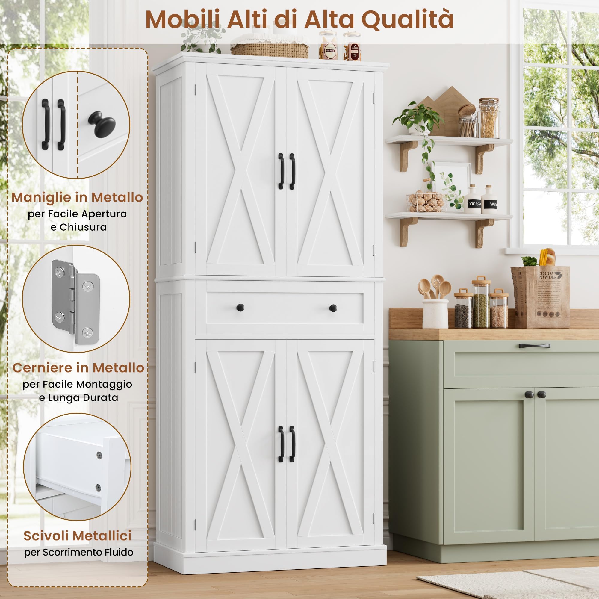 FirFurd Credenza Cucina Alta,Dispensa Cucina con 4 Ante e 1 Cassetti Bianco | Mobile Cucina Dispensa,Antiribaltamento Incluso,Design salvaspazio,Ingombro Ridotto,per Cucina, Soggiorno,78x40x181.5cm