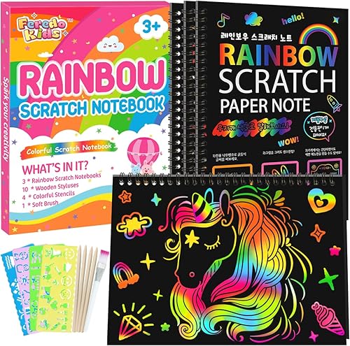 Papel de dibujo para cuaderno de rascar arcoíris suministros de arte para raspar negro kit de colorear para niños de 3 a 9 años niñas niños