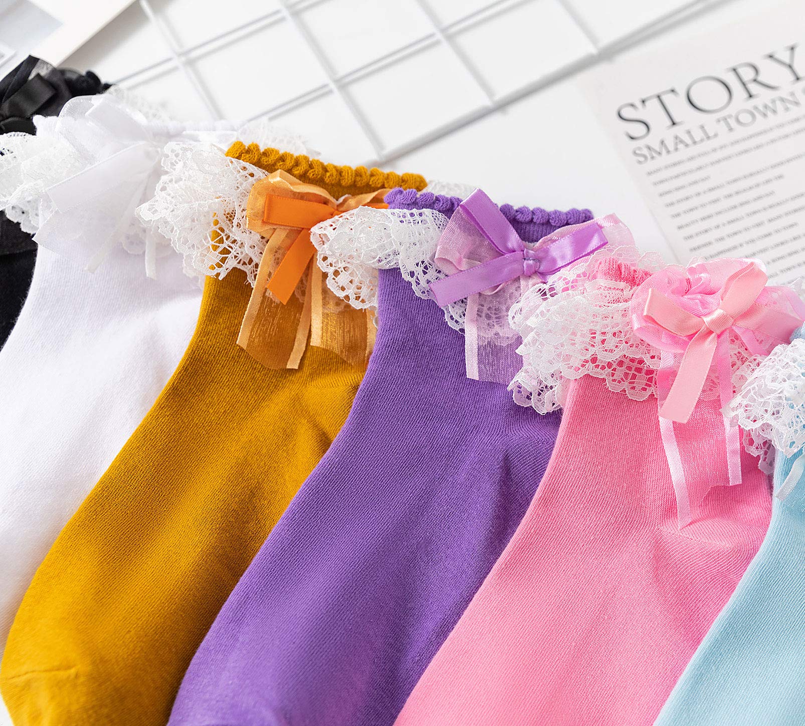 SEMOHOLLI Women Ankle Socks, Lace Ruffle Frilly Comfortable Princess Socks: 5-8 3 Pairs-black