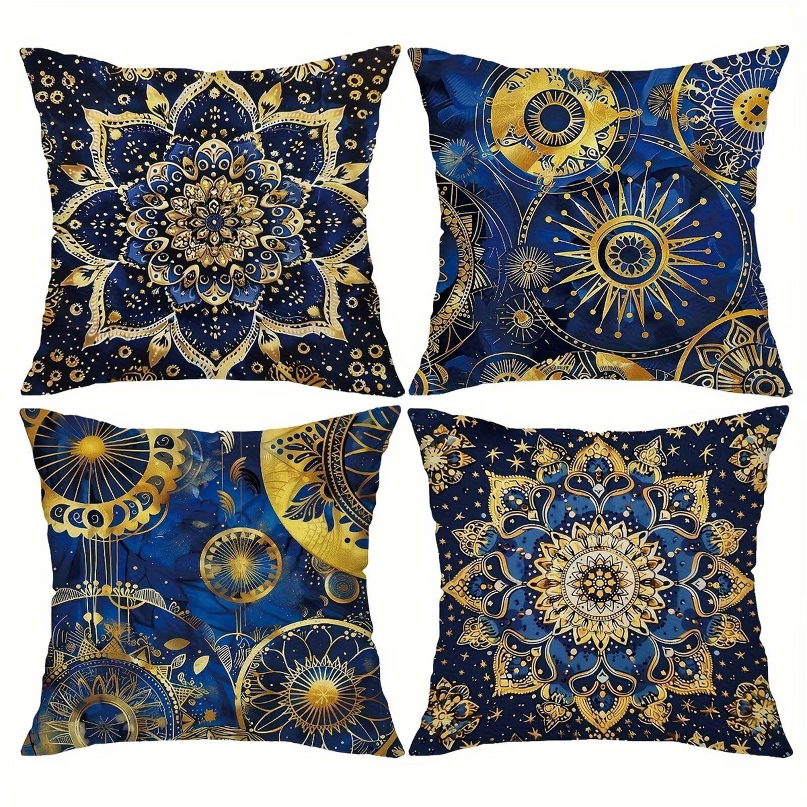 QiHon Cushion Covers 60x60 cm Set of 4 Blue Brown Mandala Linen Square Pillow Cases 24x24 inch Modern Decorative Throw Pillow Covers for Sofa Couch Bedroom Home Office with Invisible Zipper