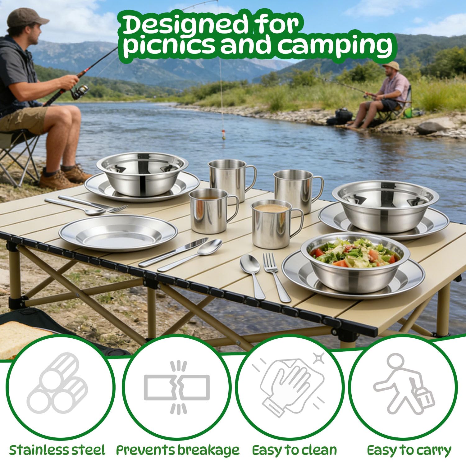 Couvert Camping pour 4 Personnes,29 pièces Couverts Camping Acier Inoxydable Assiette Tasse Couteau Fourchette Cuillère Sac Rangement,pour Famille et Amis Randonnée Pique-Nique Voyage