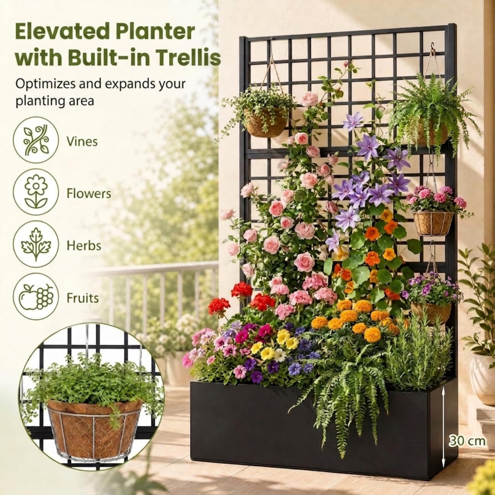 HOMASIS Jardinière avec Treillis en Métal (Rectangle, 90 x 40 x 180 cm) | Bac à Fleurs Surélevé Trous de Drainage pour Plantes Grimpantes, Jardinière Brise-Vue Extérieure