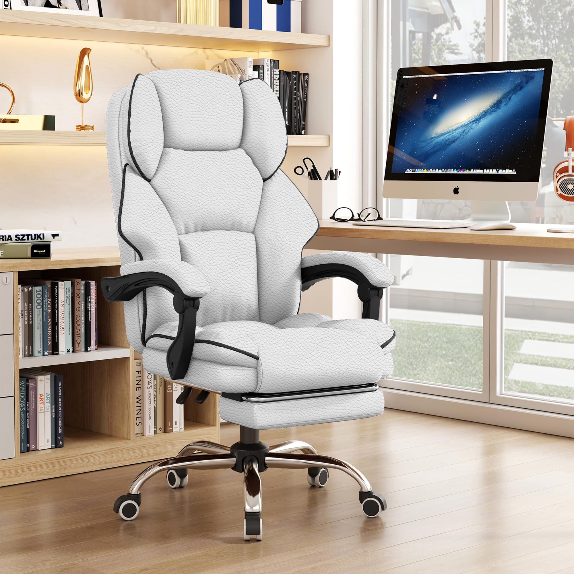Sedia da Ufficio Direzionale con Schienale Alto, per Computer E Gaming, in Pelle, con Poggiapiedi, Ergonomica, per Persone Alte E Grandi, Grigio, Taglia Unica