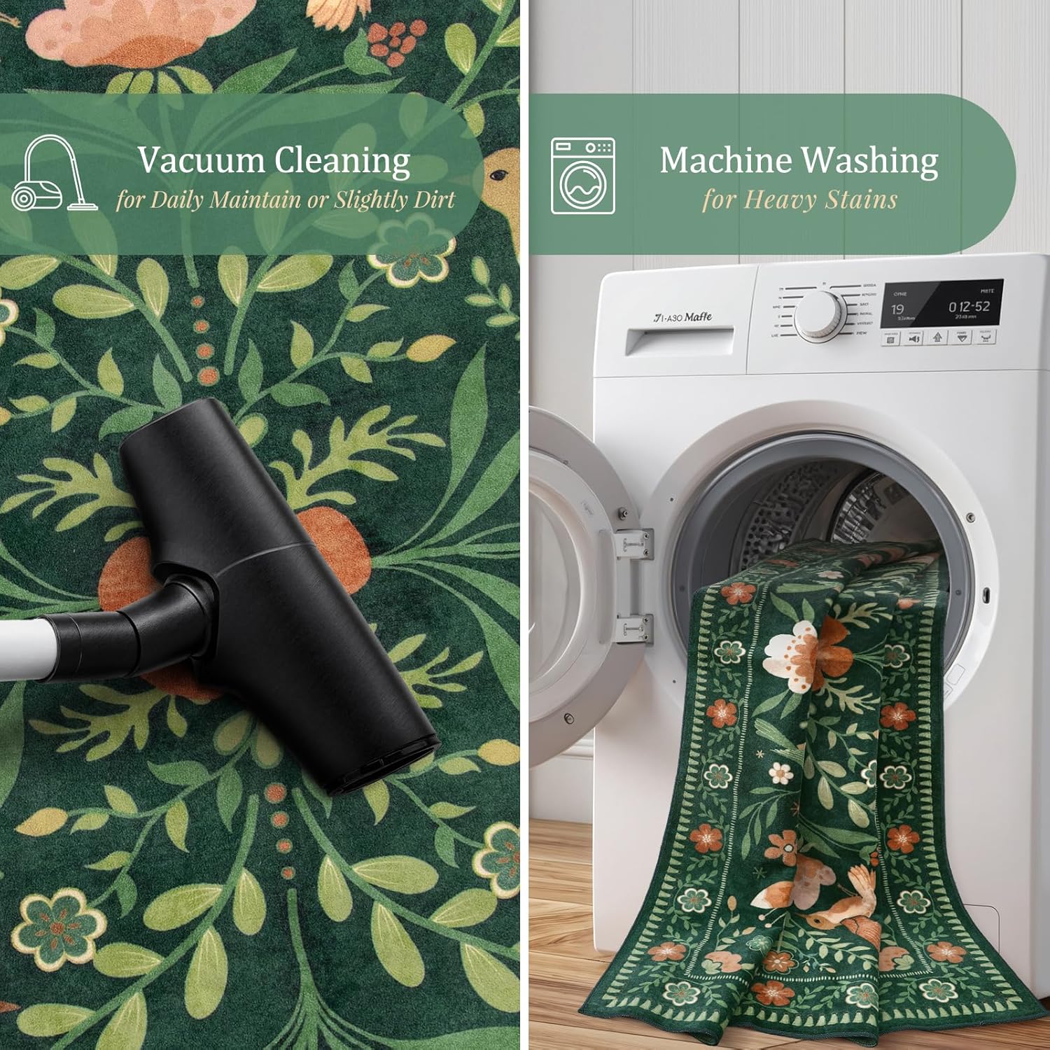 Morebes Washable Floral 5x7 Green Area Rug for Living Room, Large Boho Bird Rug for Bedroom Non Slip, Soft Vintage Plant Floor Carpet for Nursery Dining Kids Room Playroom Emerald Green - Image 4