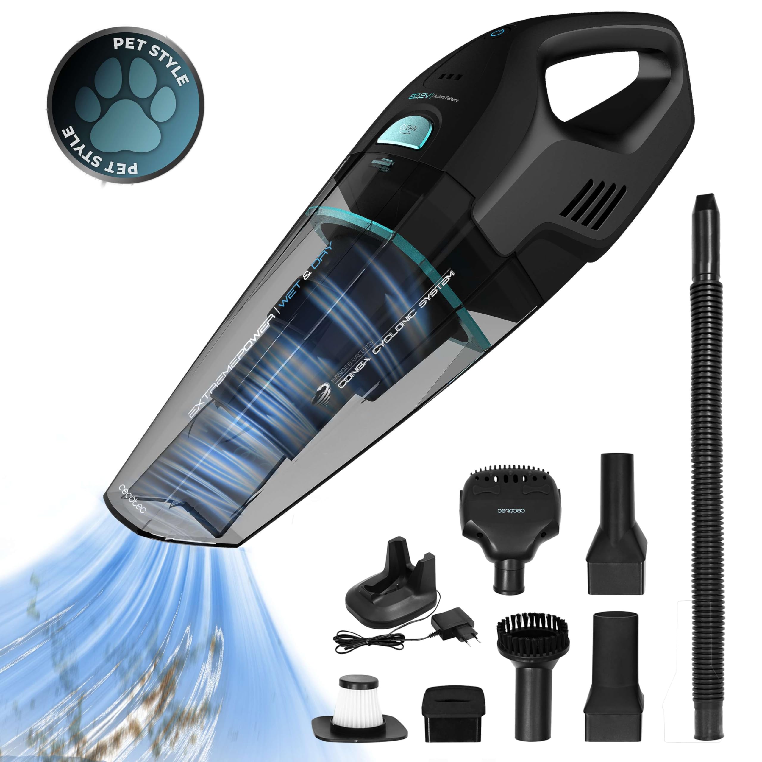 Cecotec Aspirateur à Main Conga Immortal 22,2 Animal Hand X-Treme, 150W | Autonomie jusqu'à 25 min, 10kPa, Aspire Solides, Filtre Haute Efficacité, Accessoire Poils d'Animaux, Réservoir 500 ml