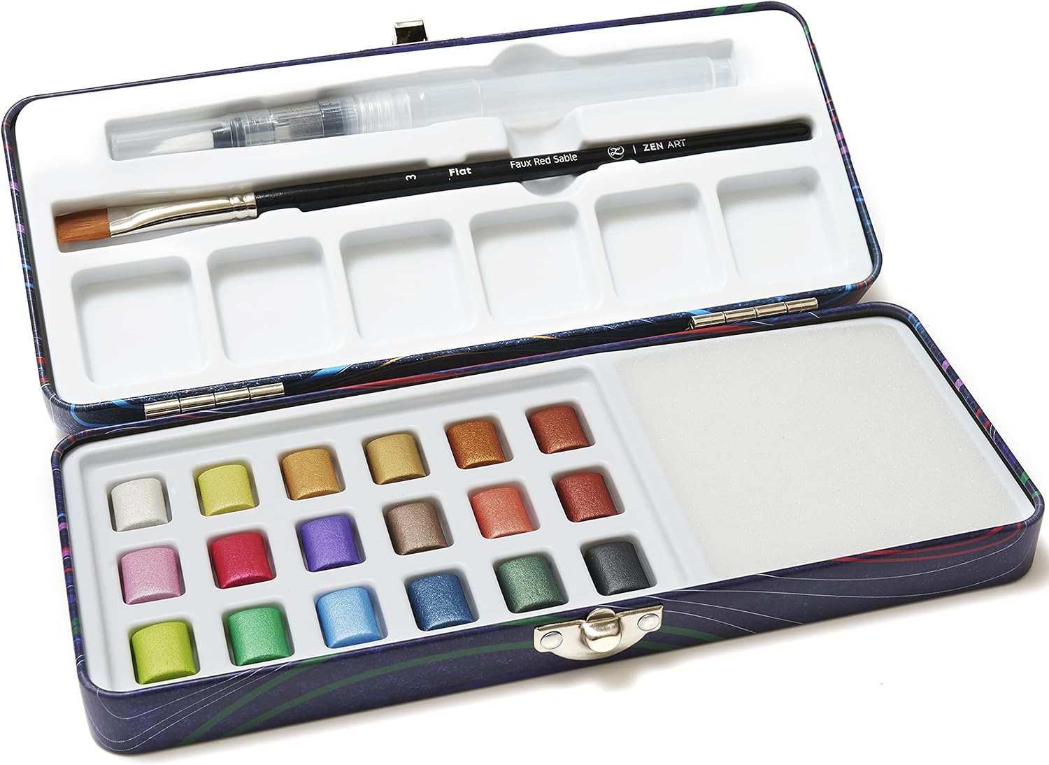 Metallic Watercolor Paint for Beginners - 18 Half-Pan Glitter Watercolor Paint Set with Paintbrush, Water Brush, Mixing Area in a Beautiful Tin Box - PREZIOSO Portable Watercolor Set by ZenART