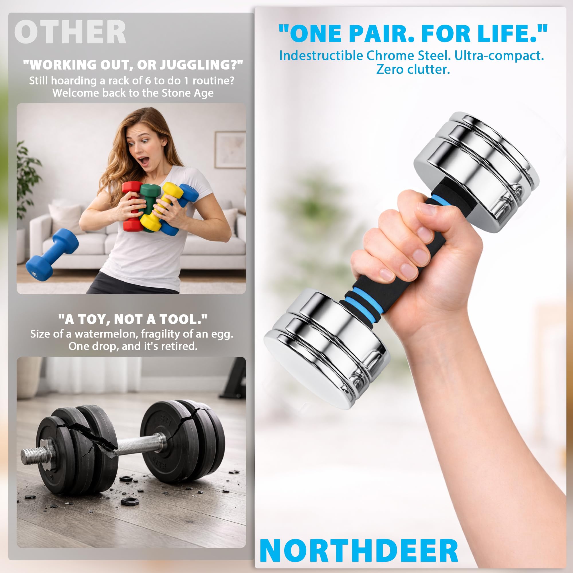 Steel Dumbbells Ultracompact & Adjustable Chrome Dumbbell | with Foam Handles 5lb 10lb 15lb 20lb 30lb 50lb Home Gym Workout (Choice of Size)