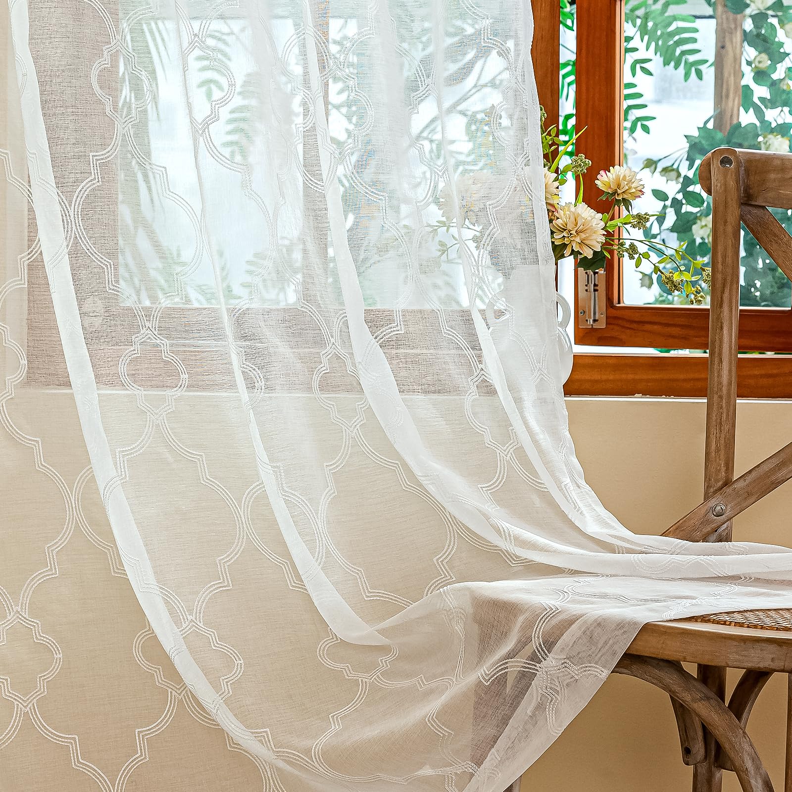 AmHoo 2 Panels Moroccan Geo Embroidered Farmhouse Semi Sheer Curtains Faux Linen Voile for Living Room Bedroom Window Treatment White 53 x 96 Inch