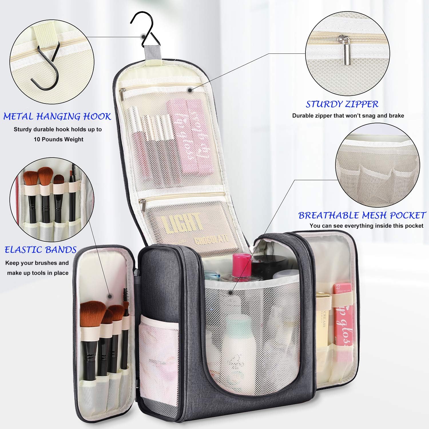 Hanging Toiletry Bag Extra Large Capacity | Premium Travel Organizer Bags For Men And Women | Durable Waterproof Nylon Bathroom, Shower, Makeup Bag For Toiletries, Cosmetics, Brushes - Image 2