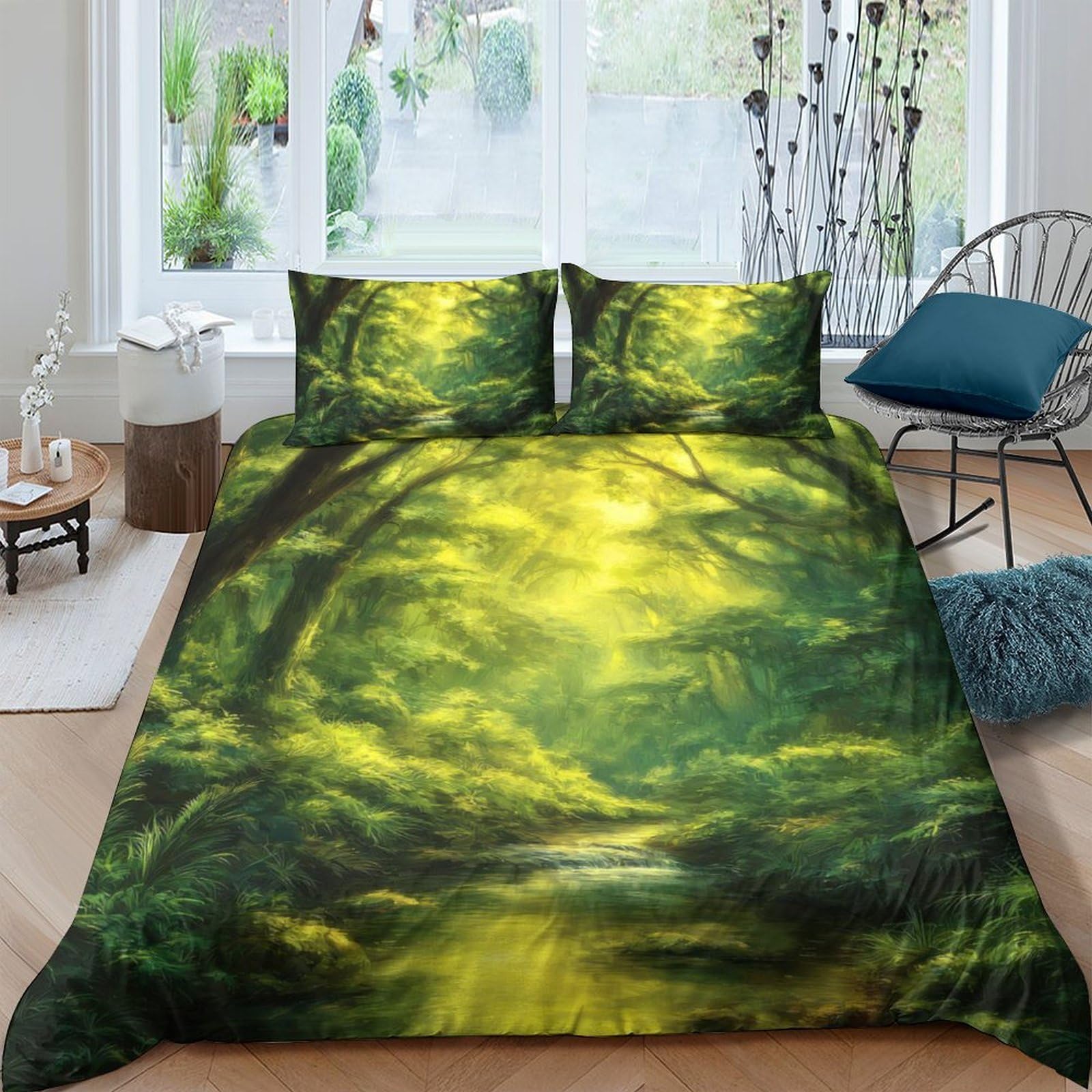 GPLZQXKJNH 3D Printed Forest Sunlight Duvet Cover Microfiber Soft Breathable Woodland Path Bedding Set with 2 Pillowcases for Bedroom Apartment Single（135x200cm）