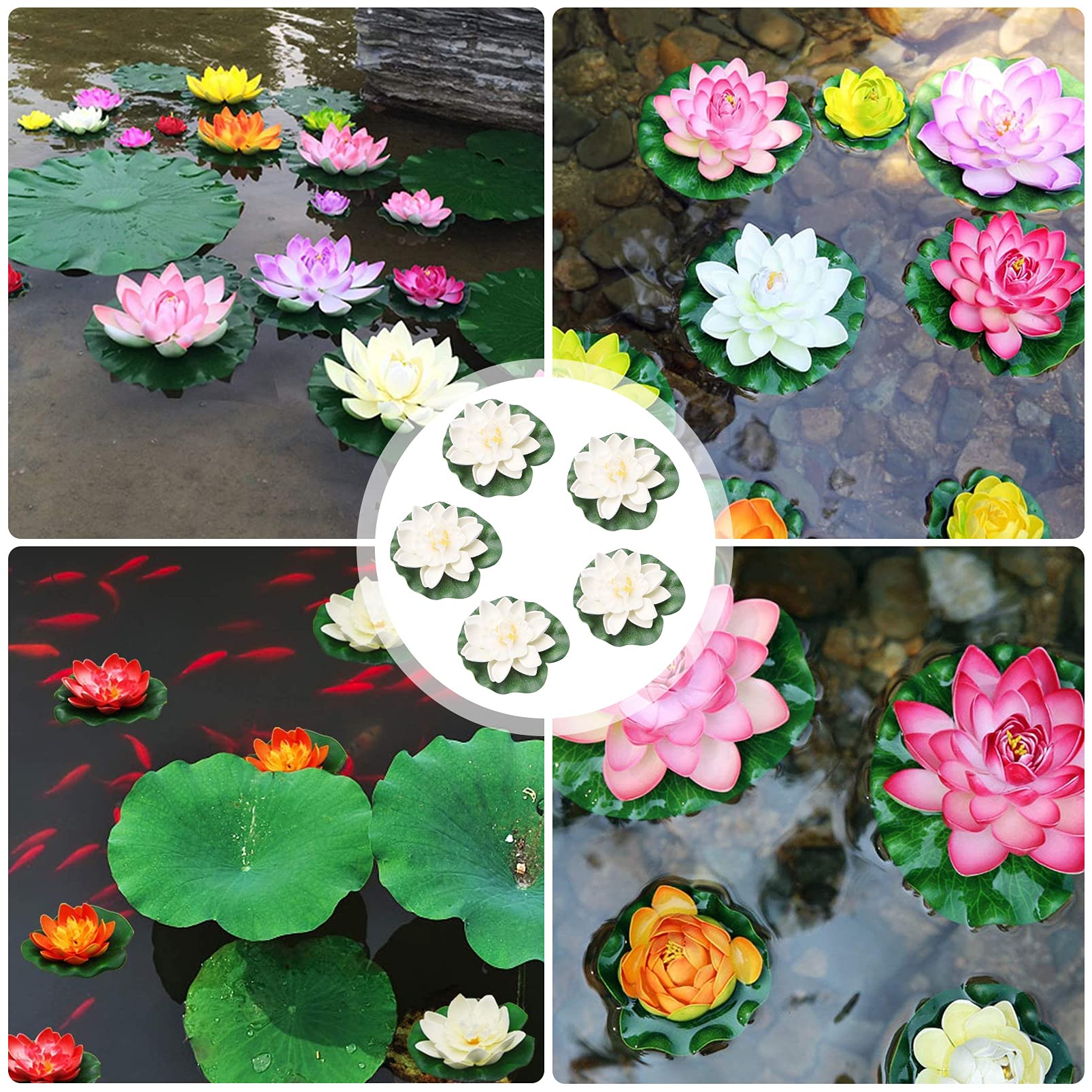 5PCS Nénuphars flottants,Nénuphar Artificiel,Fleur De Mousse De Lotus Décorations flottantes,Nénuphar artificiel pour aquarium,Nénuphars flottants en mousse,pour Décorations flottantes (Blanc)