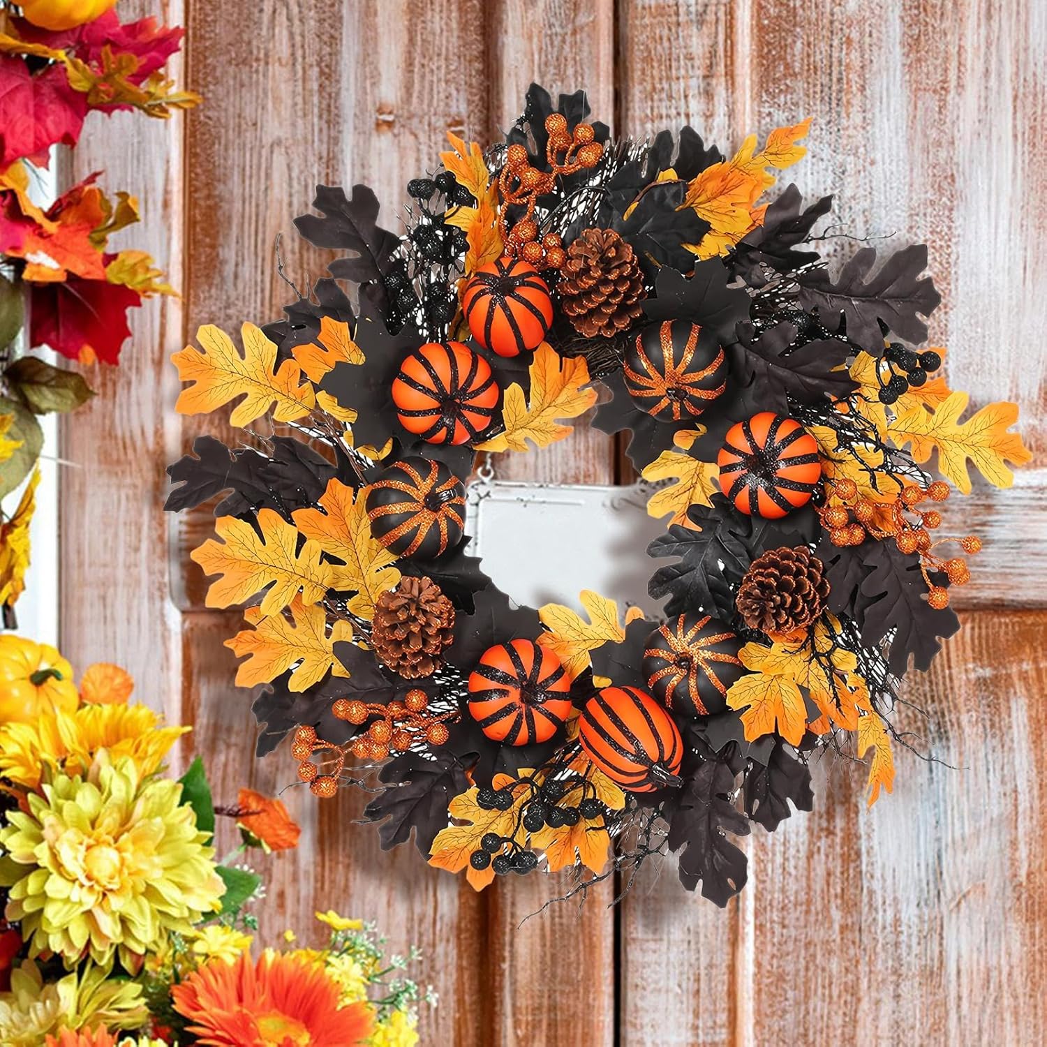 ハロウィンパンプキンリース 玄関ドア用 | ベリー パンプキン 秋 ハロウィンリース、フェスティバルドアハンガー ガーランド 農家