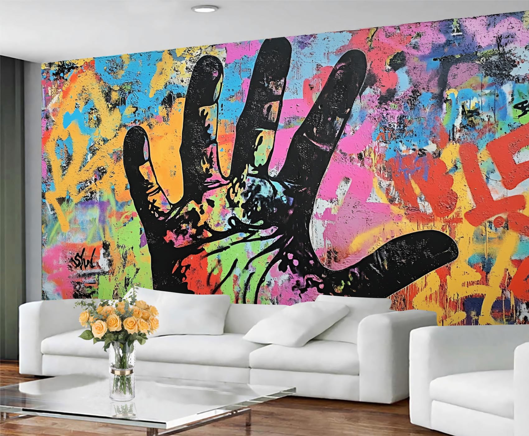 GIVLWF Street Art Graffiti Wallpaper, Palm Graffiti Self Adhesive Wallpaper for Living Room, Hippie Wall Murals for Bedroom, Abstract Large Mural & Boys Room Decor, Painting Wall Paper