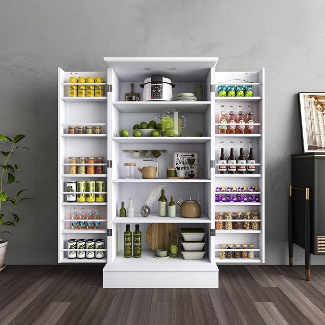 Jehiatek Kitchen Cupboard, 47 Pantry Organizers and Storage, Kitchen Pantry Cabinet White with Doors & Adjustable Shelves, Ideal for Kitchen, Living Room and Dinning Room