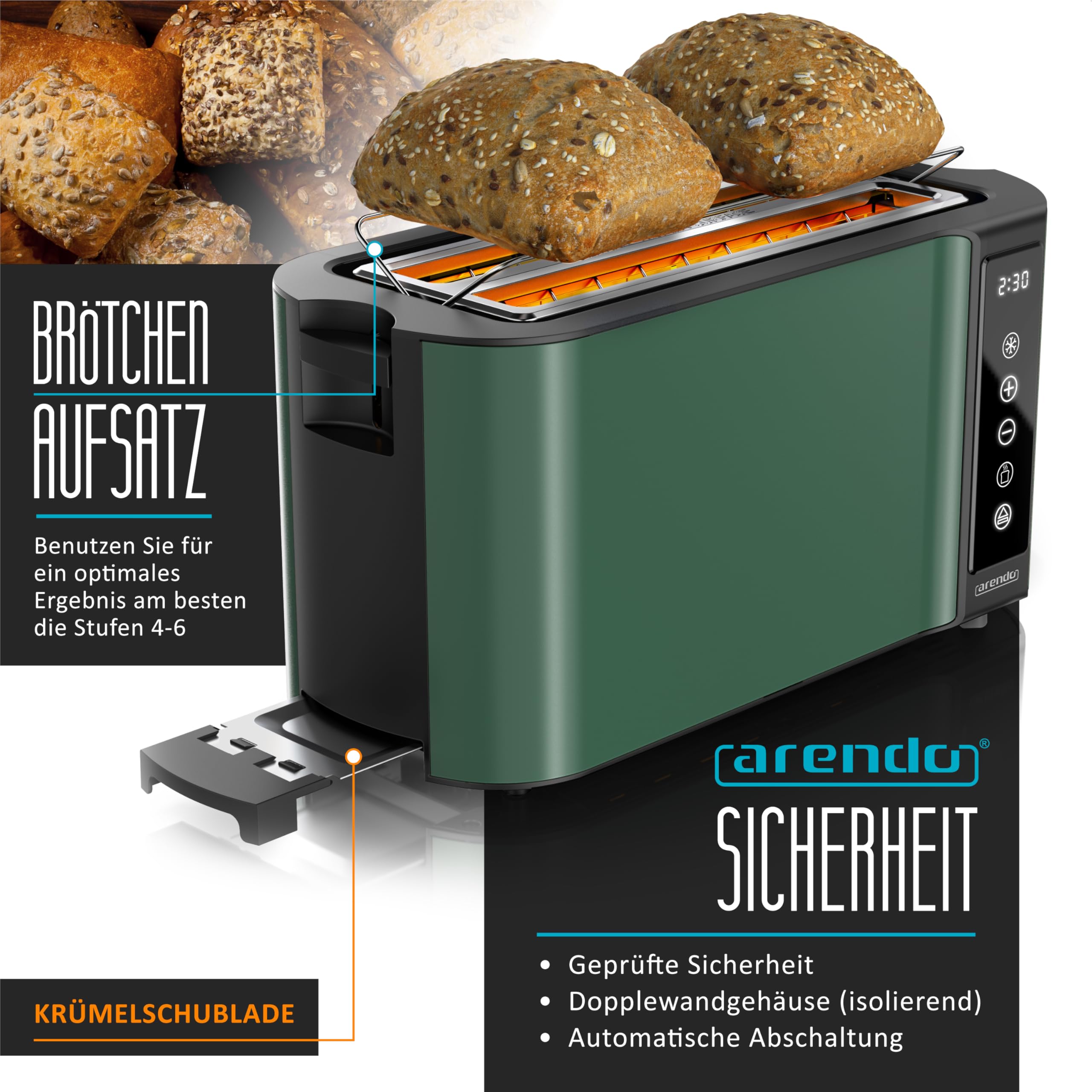 Arendo Küchen Set Edelstahl Wasserkocher Temperatureinstellung Toaster Langschlitz 4 Scheiben Touchpanel LED Display Brötchenhalter