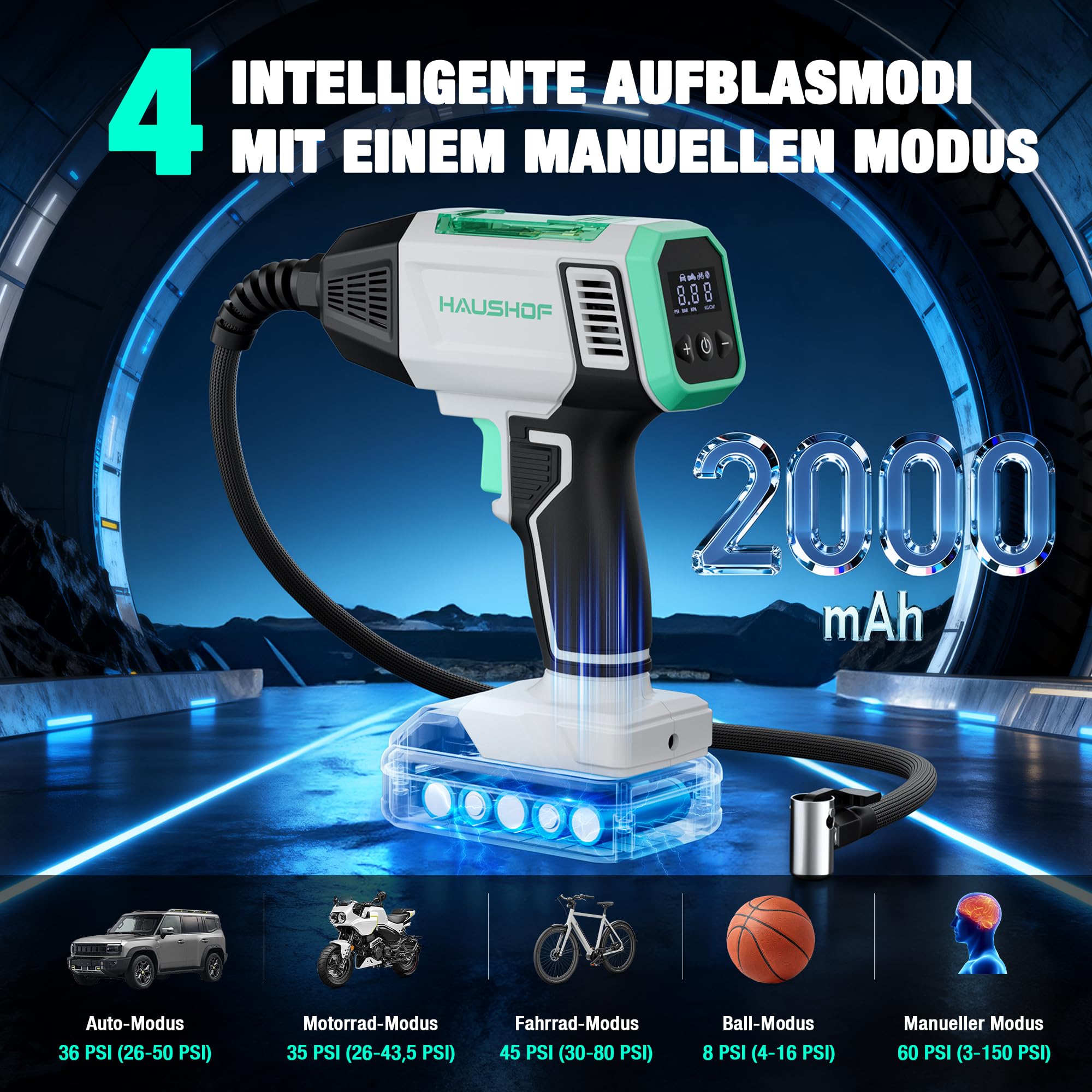 HAUSHOF Akku Luftkompressor 150 PSI (10,3 bar), Tragbare Luftpumpe mit 4 Modi + Manueller Modus, 20V 2000mAh Kabelloser Kompressor, Digitales Display, Auto-Abschaltung für Reifen, Motorrad, Fahrrad