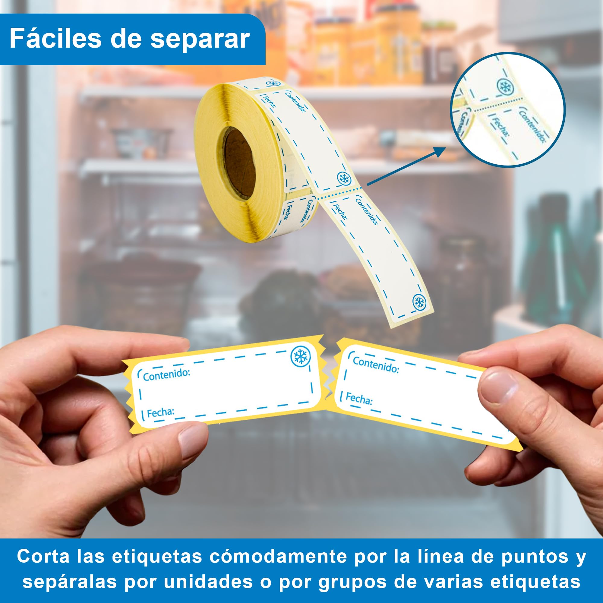 Rollos De Etiquetas Adhesivas Para Congelador - 500 Unidades, Removibles, Impermeables, 25x75 Mm, Blanco/azul