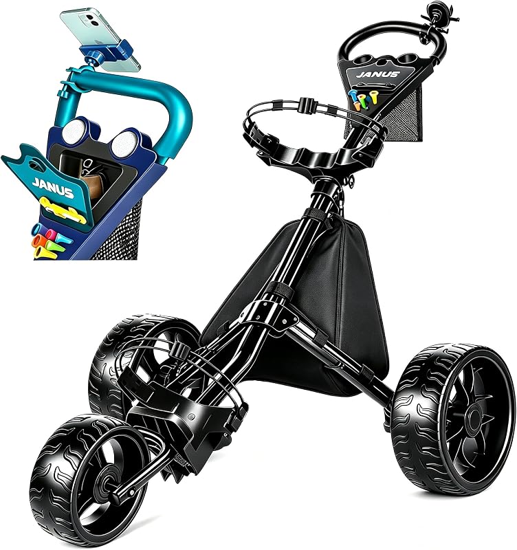JANUS Pace Golf Push Cart with 360° Rotating Phone Holder, 3-Wheel Foldable Golf Cart with One-Click Folding, Wide EVA Wheels, Foot Brake, Adjustable Handle, Cooler Bag & Scorecard Console