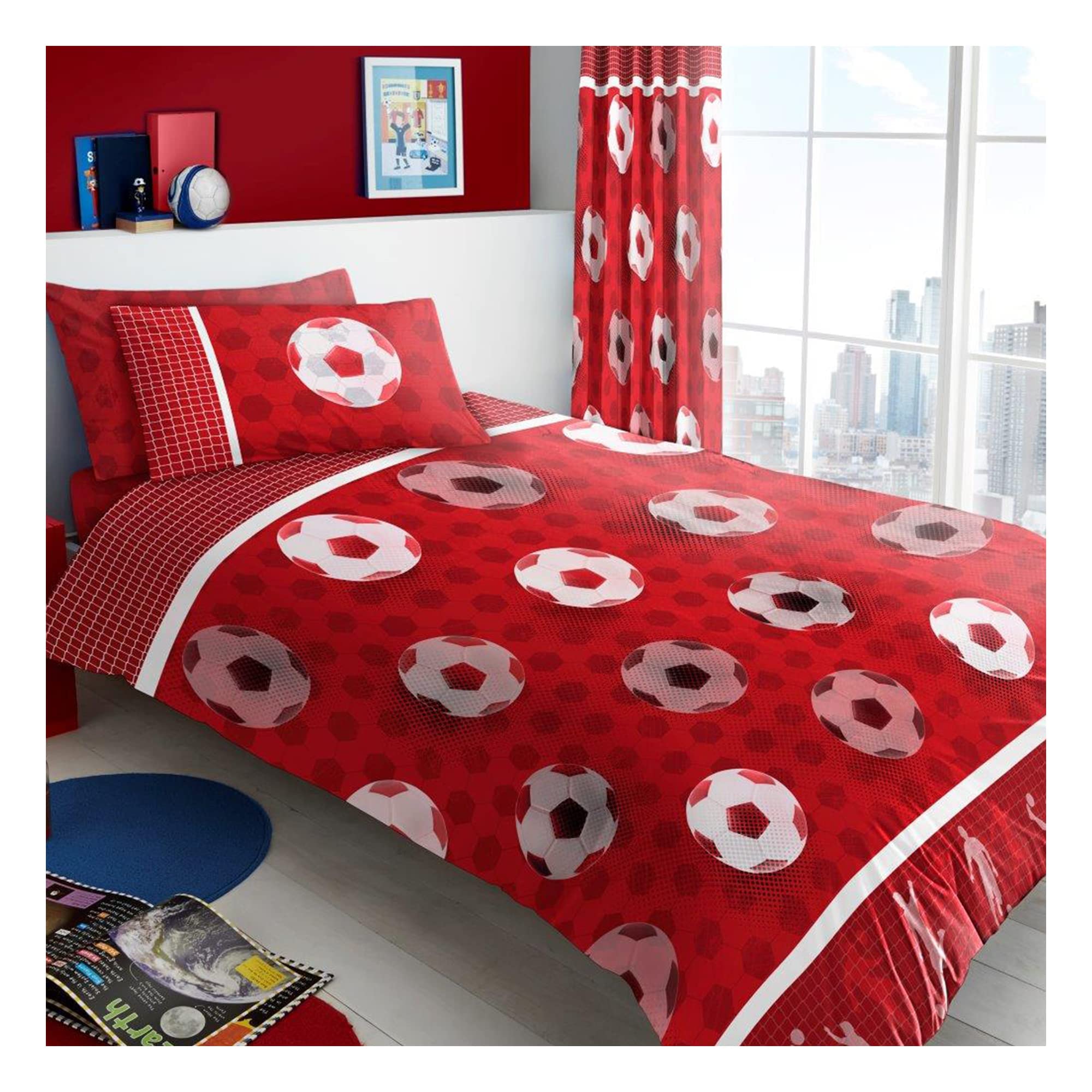Fairwayuk Boys Goal Red Single Duvet Cover Set, Reversible Quilt, Kids Bedding Set With Pillow Case, Poly-Cotton, Easy Care, 137X200cm