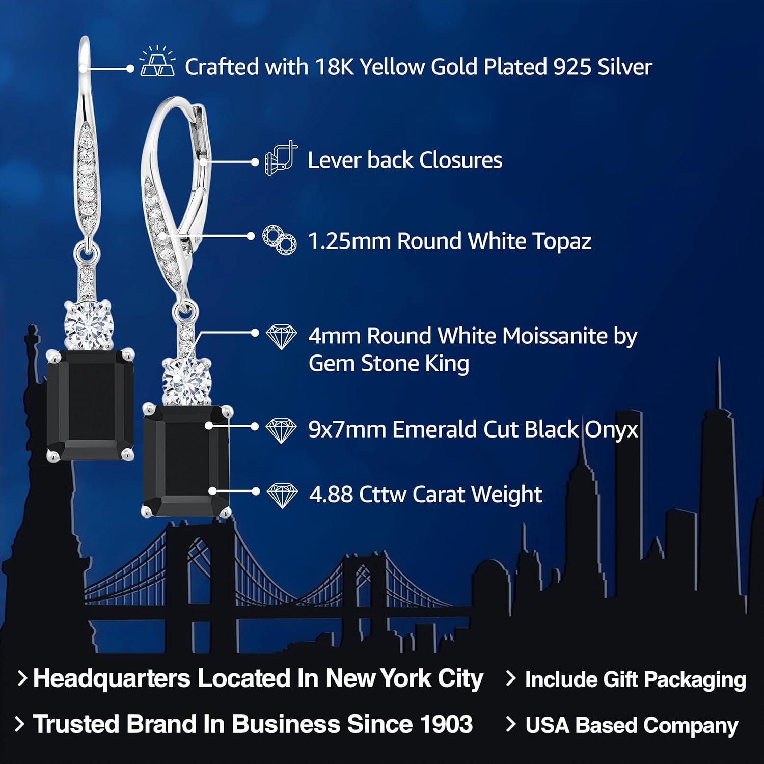 Gem Stone King 4-7 Cttw Dangle Earrings for Women | Gemstone Birthstone and White Moissanite | 925 Sterling Silver | Emerald Cut 9X7MM | Elegant Drop Design | Gift for Her Wife Mom