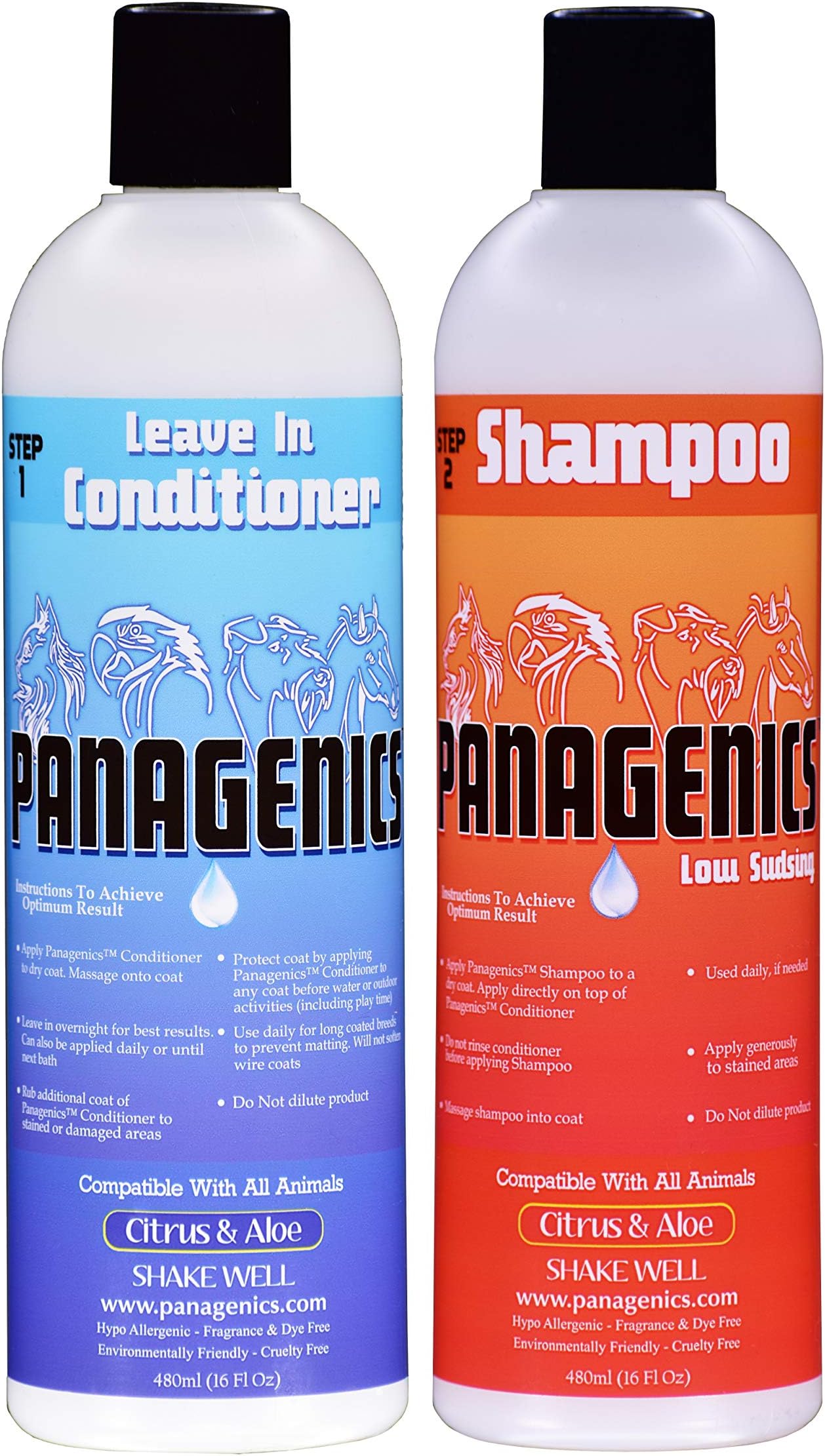 | Pet Shampoo and Leave-in Conditioner Combination Set (16 Ounce Bottles) - Safe for All Animals, Unscented, Contains Citrus and Aloe