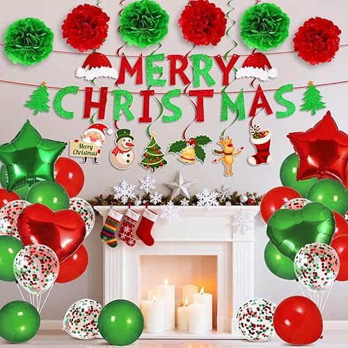 Miniatura 5 de Cartel de papel colgante de Navidad, pancarta de Papá Noel, serpentinas y globos de látex, globos de papel de aluminio, cortina de flecos de papel