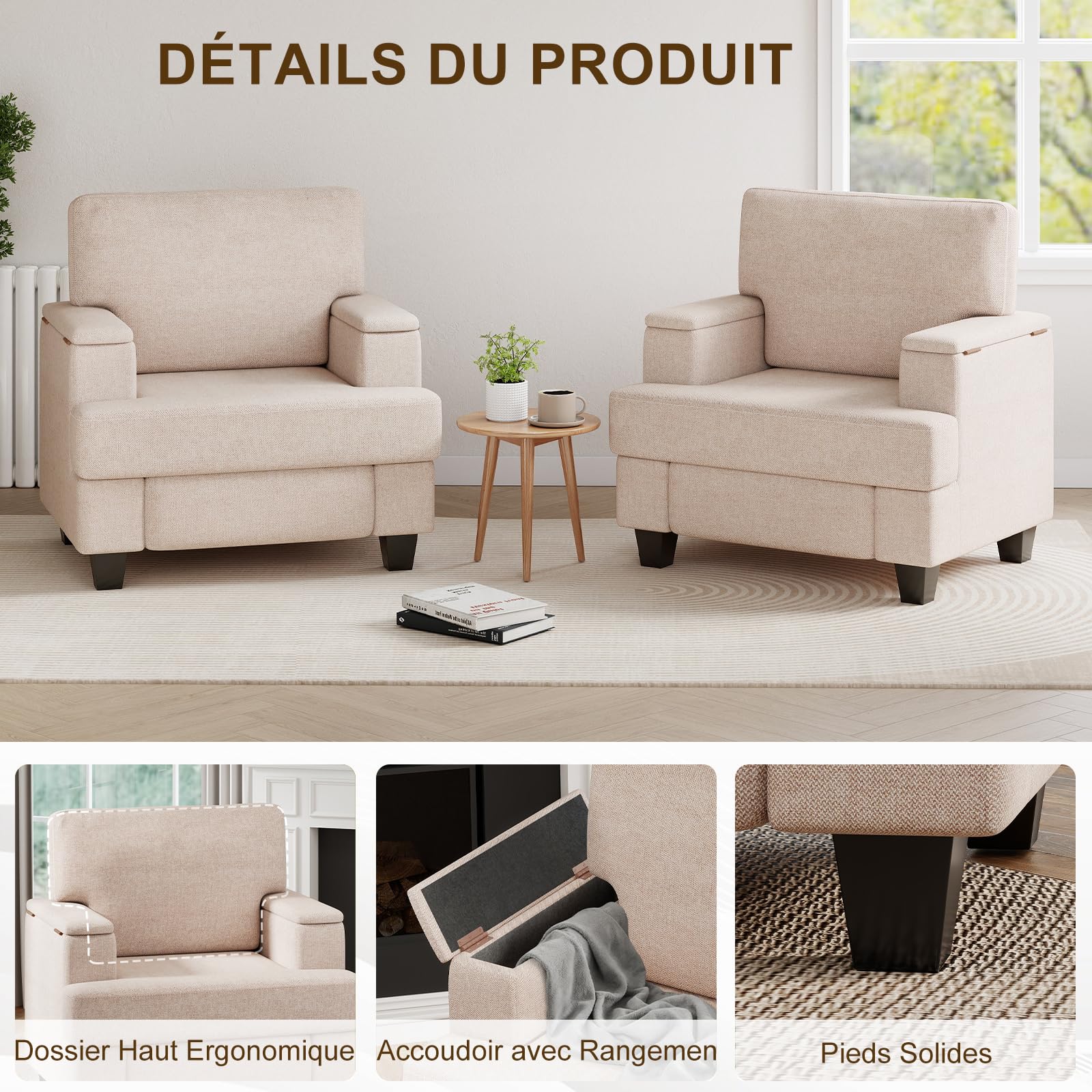 Extra-Larges Fauteuil Salon Rangement, Fauteuil Relax Rembourré avec Accoudoirs avec Rangement & Dossier Amovible, Fauteuil Relaxation avec Cadre en Bois pour Salon, Chambre à Coucher, Beige