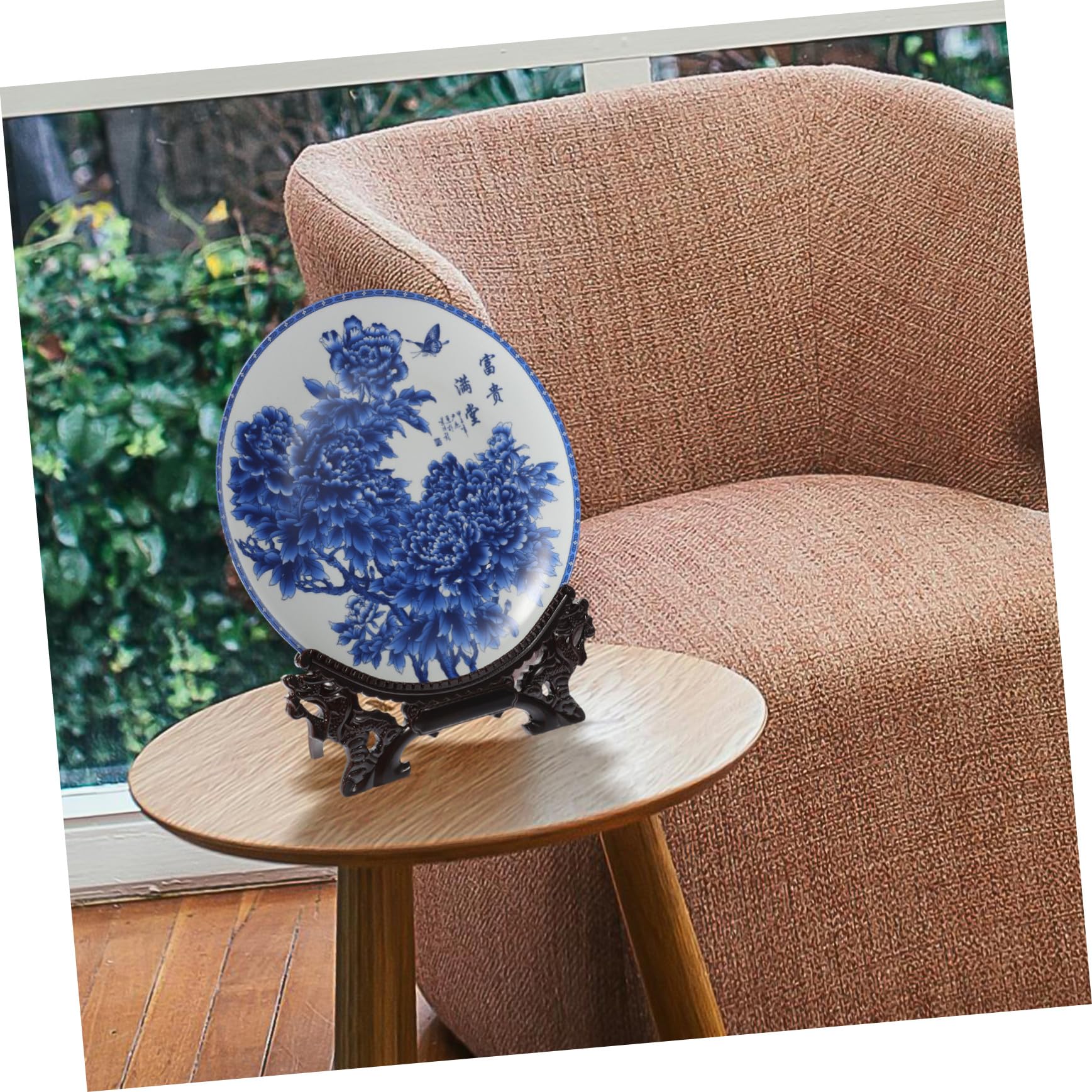 VANZACK Plato Decorativo de Cerámica Azul y White y Fácil de Limpiar con Soporte de Madera, Diseño Artístico Único para Decoración y Obsequio
