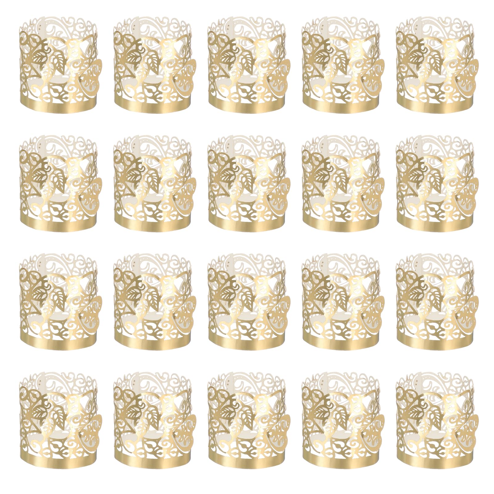 sourcing map 50Pcs Candle Wraps, Laser Cut Votive Candles Holder Wraps for LED Tealight Candles, Tea Light Wrap Lampshade for Elegant Festival Birthday Wedding Party Decoration, Reflective Gold