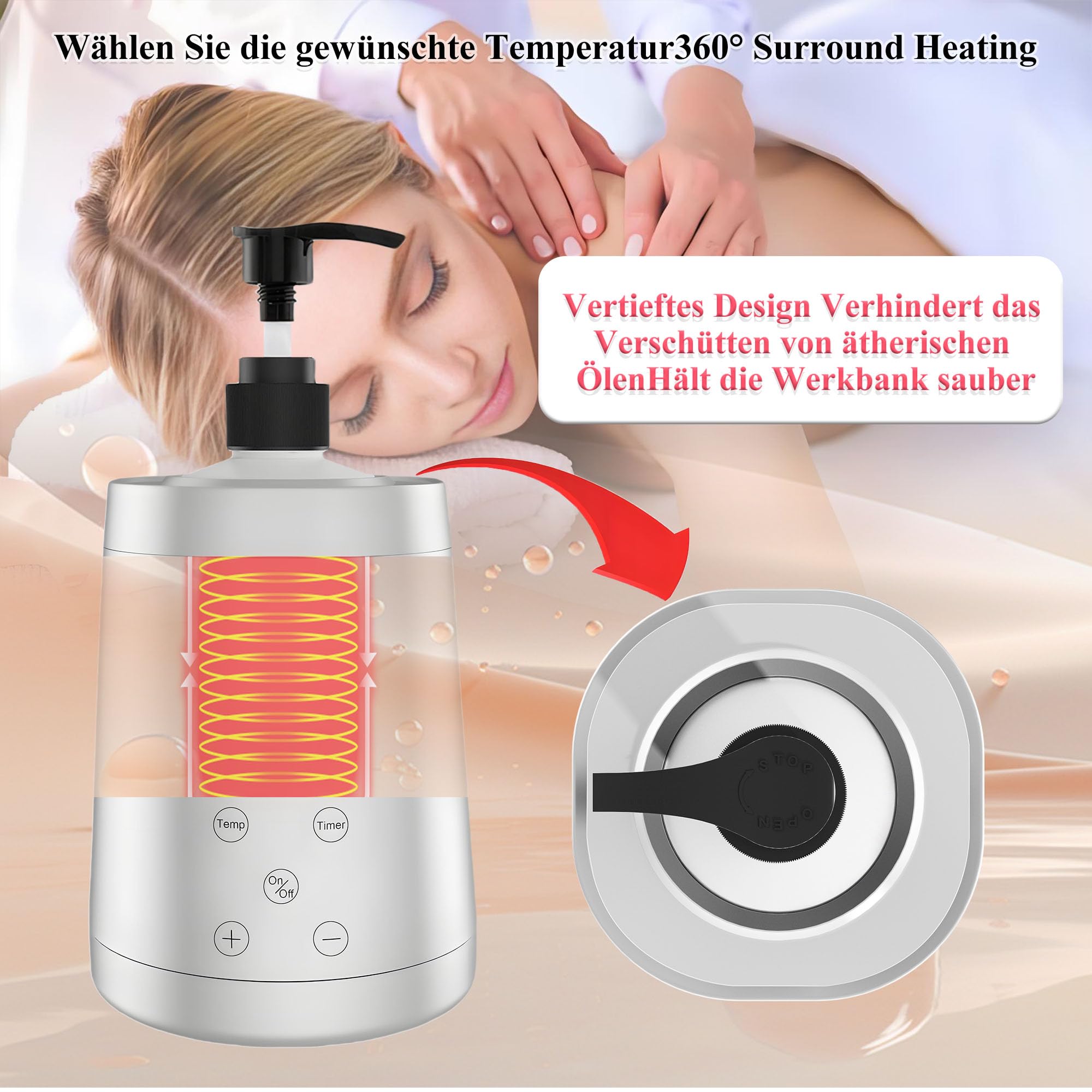 Massageöl-Wärmer, Massageöl-Heizung mit zwei Ölflaschen-Spendern, 0-65°C, Lotion-Flaschen-Wärmer, galvanisiertes Silber