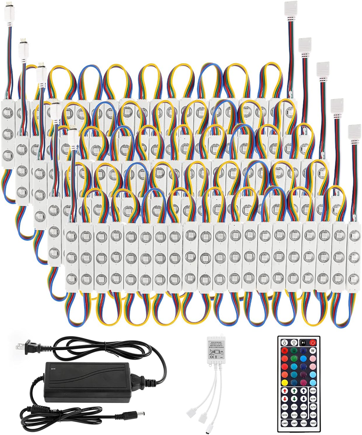 BEAMNOVA 50Ft Commercial RGB Storefront Light Kit for Business with Remote Control, 12v Power Supply Transformer, 100Pcs 3-LED Outdoor Adhesive Waterproof Strip Lights