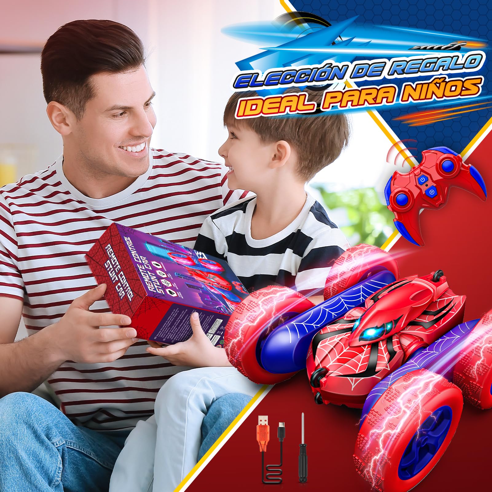 Dreamlandia Coche Teledirigido Niños 3 4 5 6 7 8 Años, 2,4Ghz, 360° Rotación con Luces, Coche RC Monster Truck Juguete Niños Niñas 3-12 Años, Type-C Batería Recargable, Regalo Cumpleaños Navidad