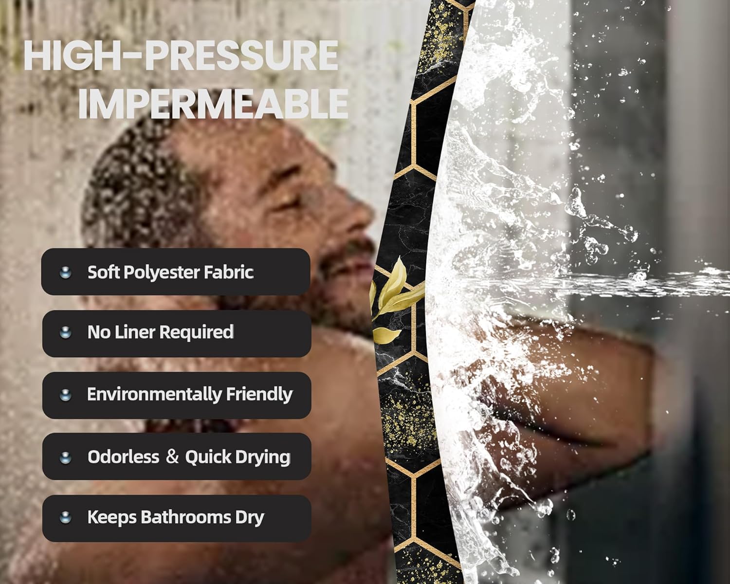 Black and Gold Shower Curtain Modern Geometric Abstract Mens Shower Curtains for Bathroom Decor Sets, Waterproof Cloth Fabric with Hook, 72x84 Inch