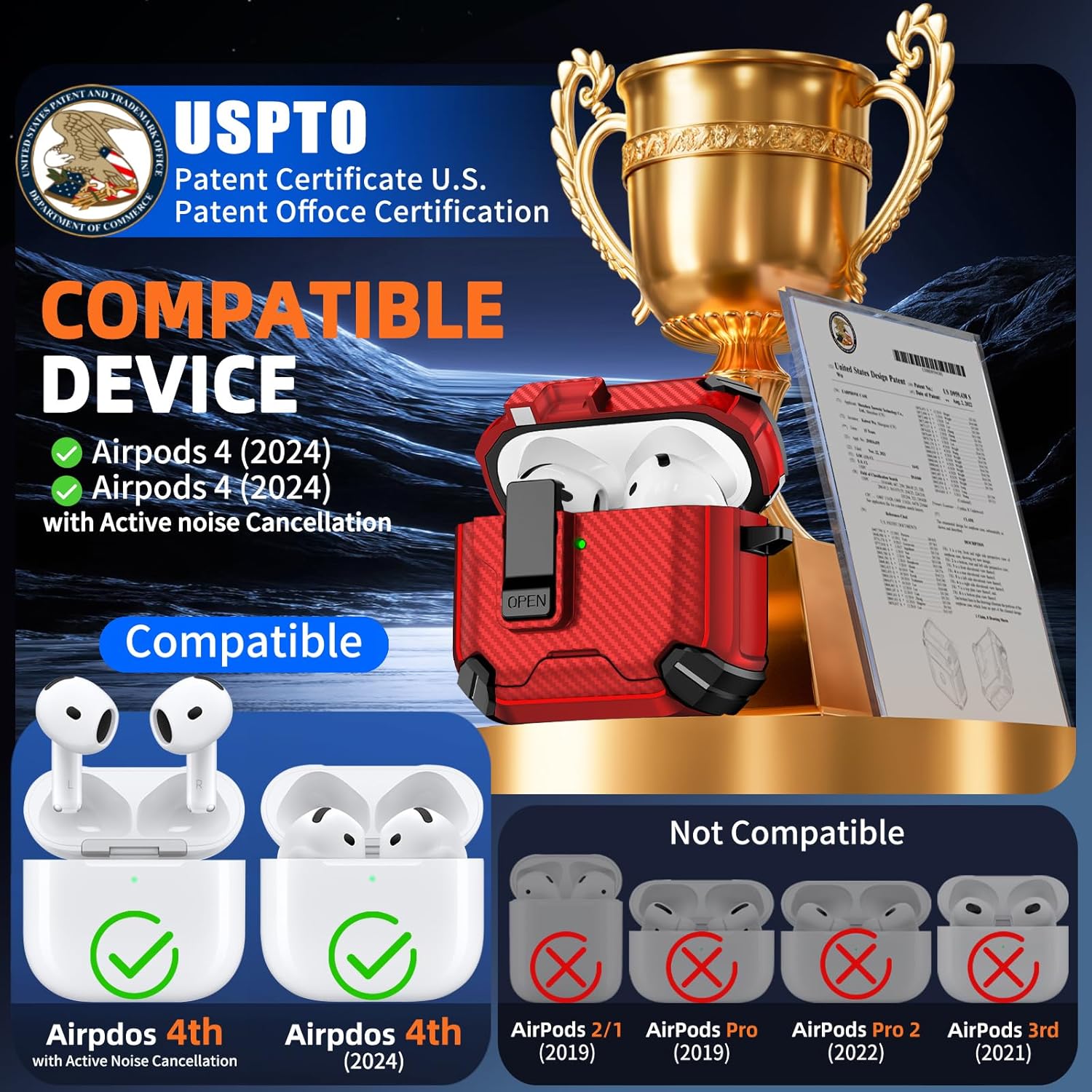 Inesore Compatible with AirPods 4th Case with Phone Stand & Cleaning Kit,Compatible with Magsafe,Magnetic Automatic Lock for Airpods 4 with Active Noise Cancellation Charging Cover (2024) (red) Airpods 4th A-A-Red