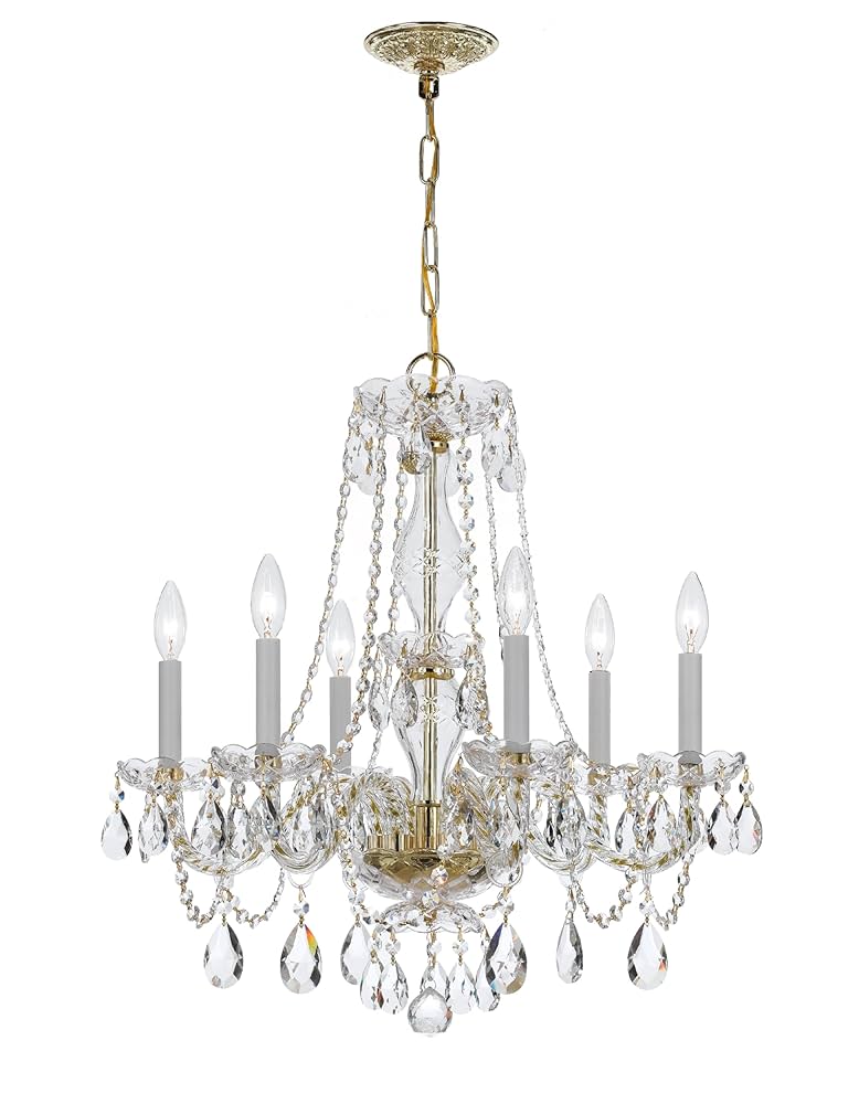 Traditional Crystal 6 Light Clear Italian Crystal Polished Brass Chandelier