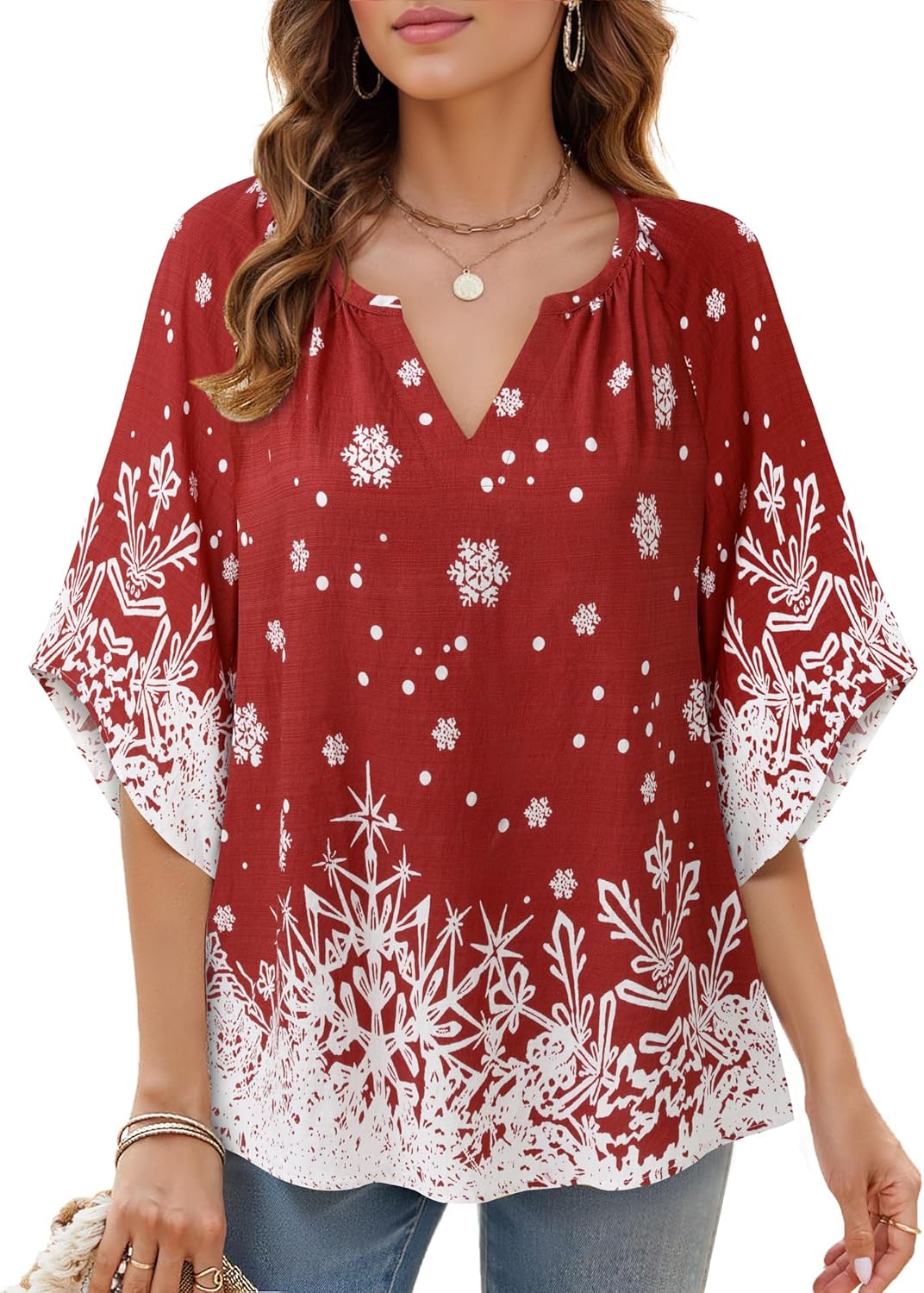 Bebonnie Womens 3/4 Sleeve V Neck Bohemian Peasant Blouses Casual Loose Fit Tunic Tops - Image 2