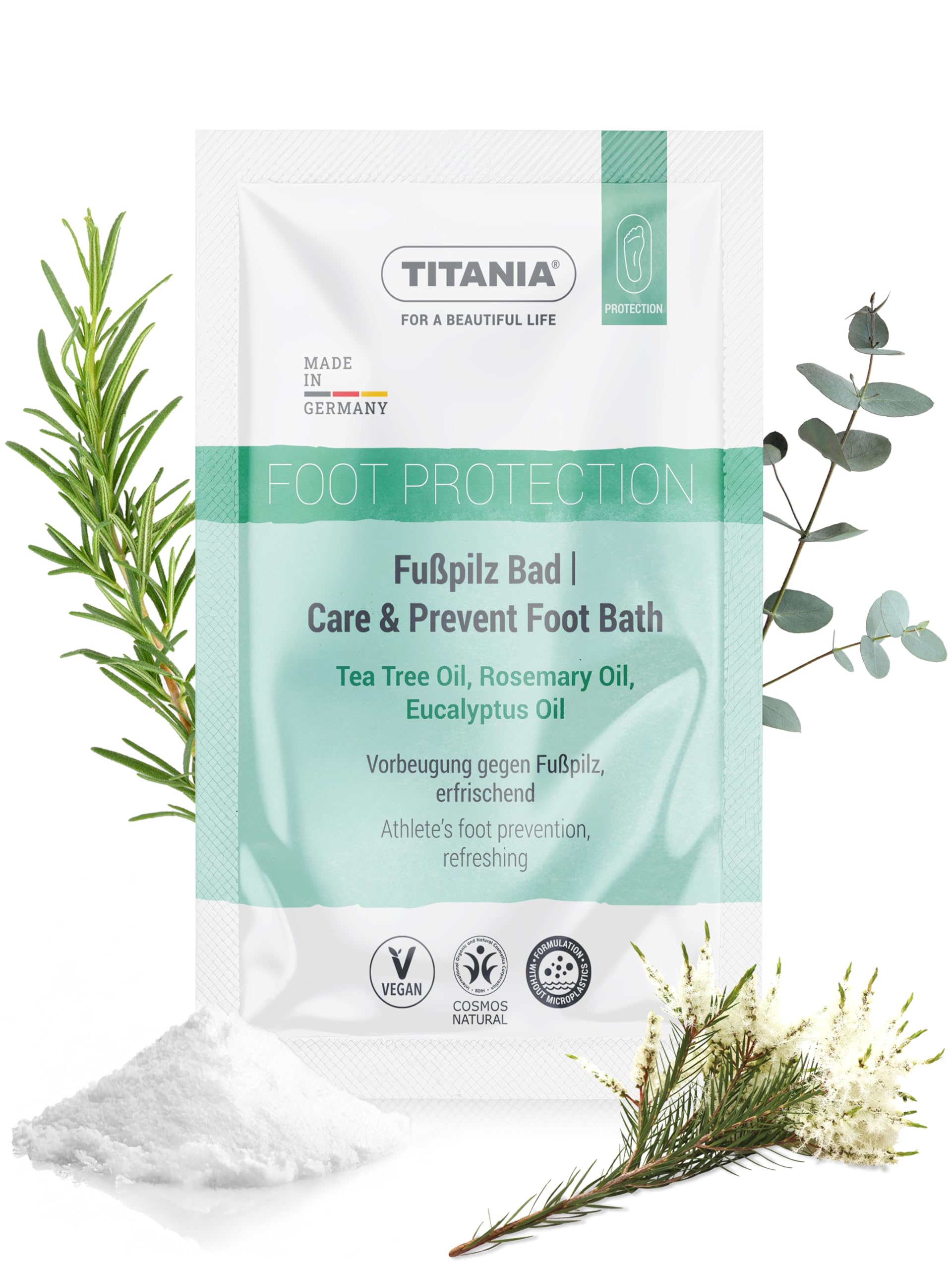 TITANIA Sale pediluvio 40 g con olio di tea tree per la prevenzione dei funghi dei piedi, cura naturale dei piedi con rosmarino, menta ed eucalipto, vegano, senza microplastica, dermatologicamente
