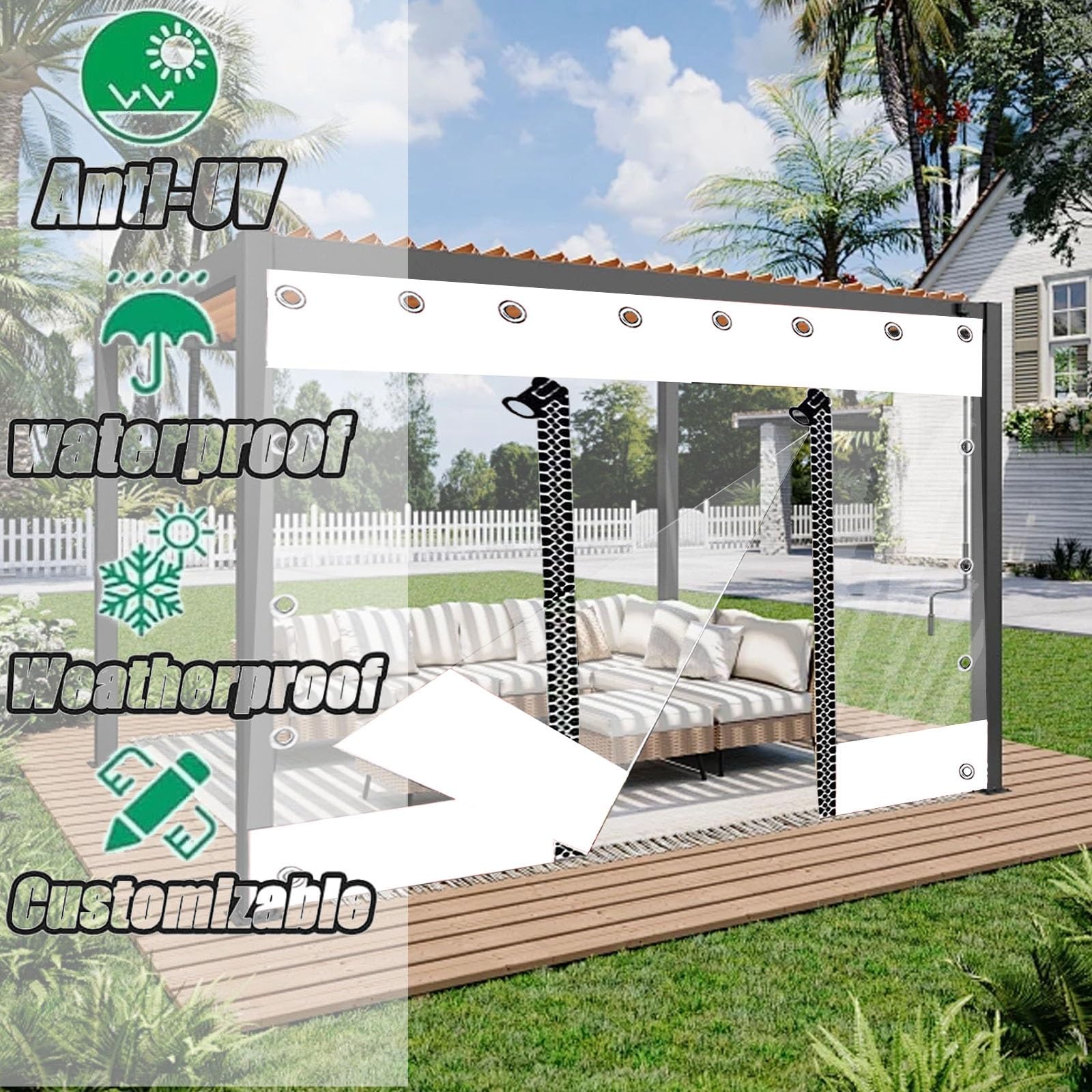 Lona de vinilo transparente con cierre de cremallera, impermeable y transparente, 2,5 m x 2,5 m, lona de polietileno resistente para invernadero, incluye ojales para una instalación segura