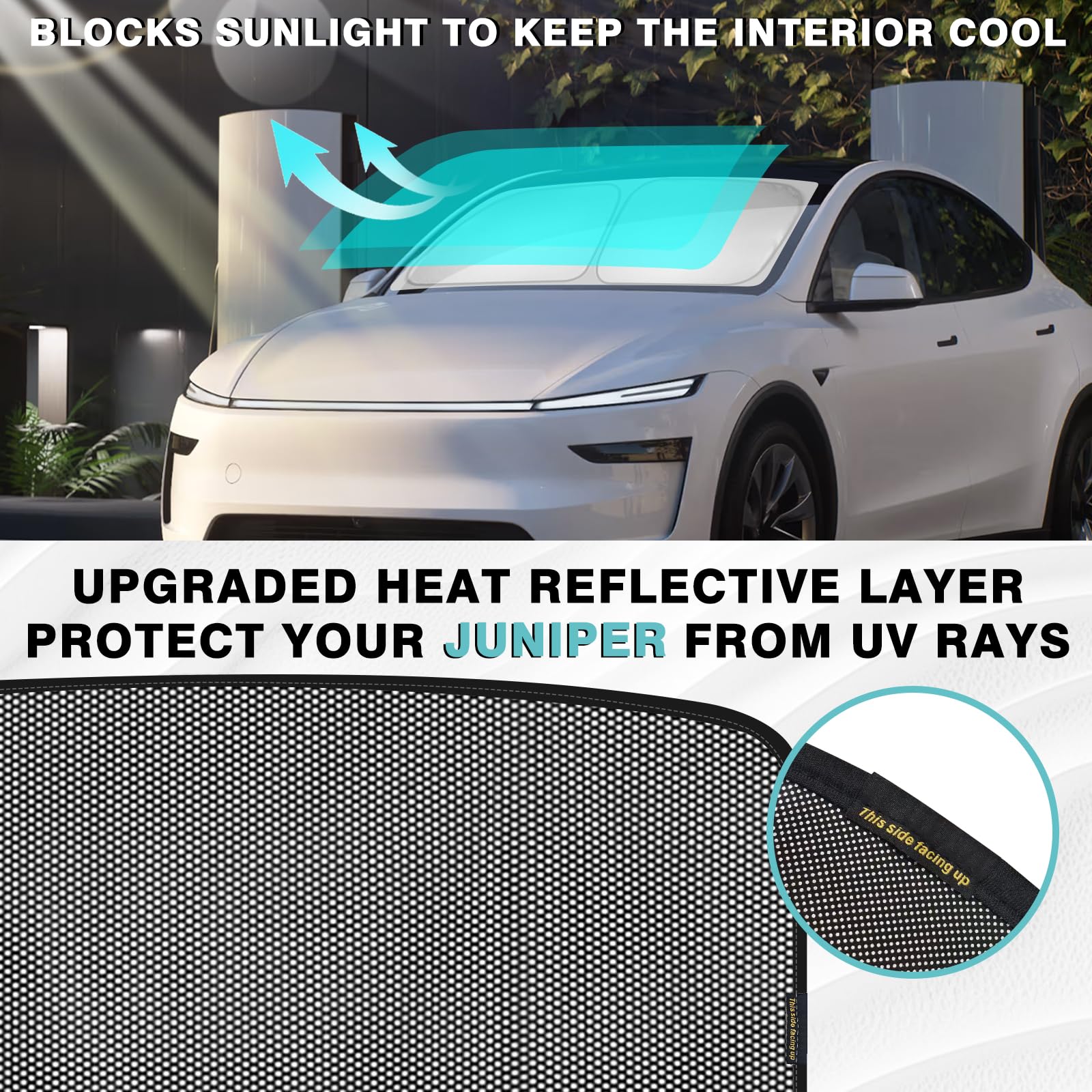 BestEvMod - Lot de 3 pare-soleils pour pare-brise et toit compatibles avec le nouveau modèle Tesla Y Juniper 2026 2025, pare-soleil pliable, protection contre la chaleur et les UV, pare-soleil avec