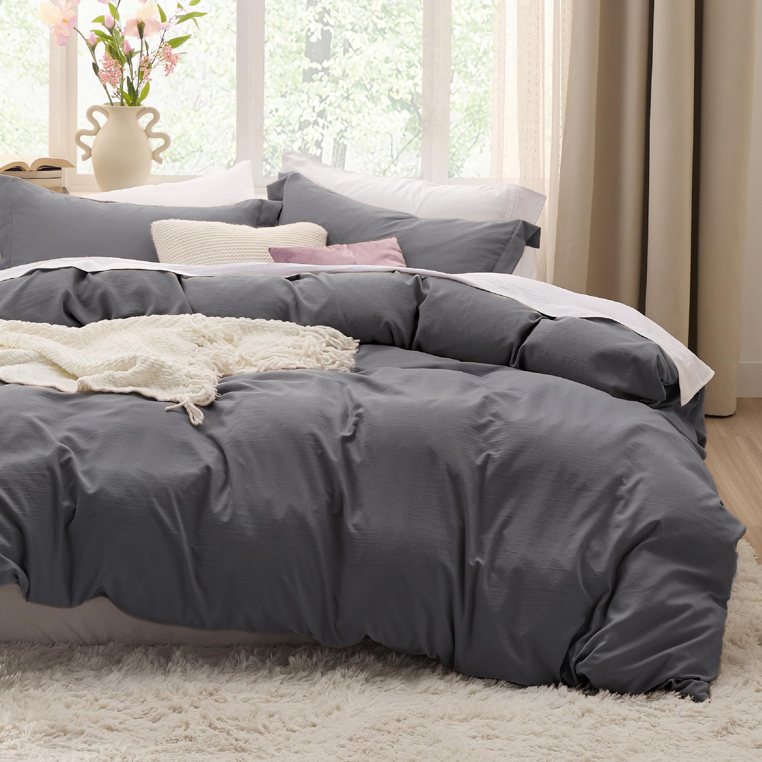 Bedsure Dark Grey Duvet Cover Full Size - 3 Pieces Prewashed Extra Soft Cotton-Like Polyester Bedding Set, Includes 1 Duvet Cover 80x90 Inches with Zipper Closure & 2 Pillow Shams, No Comforter