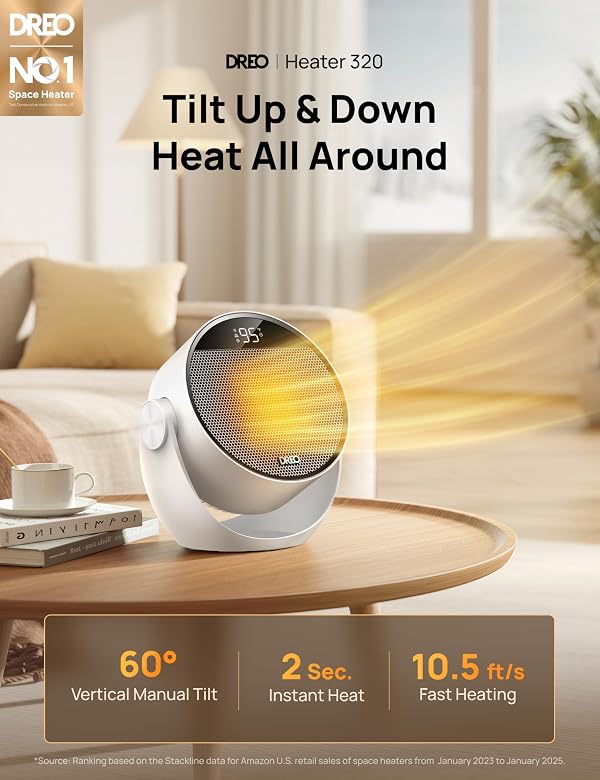 DREO Space Heater 1500W, 60° Adjustable Tilt, 10.5ft/s Portable Electric Heaters for Indoor Use with Thermostat, 8 Safety Protections, 3 Modes, Remote, Quiet Desk Heater for Bedroom, Office, White by DREO - Image 2