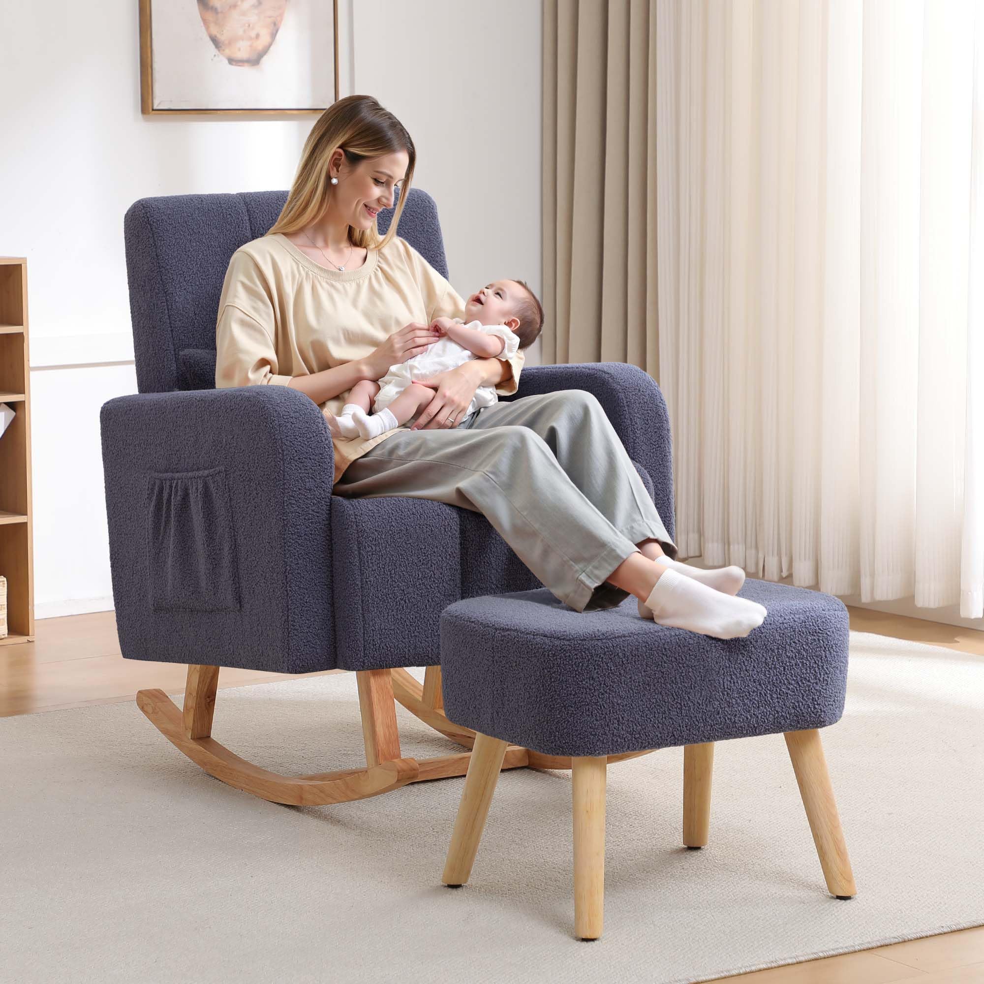 HCHAIRH Rocking Chair with Ottoman, Upholstered Glider Rocker with High Backrest and Side Pocket, Comfy Reading Chair with Solid Wood Legs for Nursery, Living Room,Bedroom Dark Grey