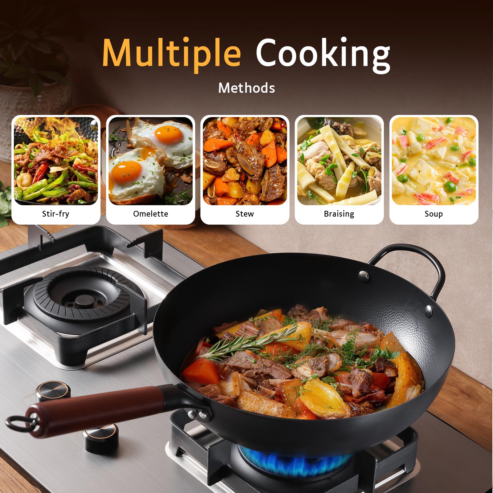 Kordisen Wok de Acero al Carbono 32cm con Tapa, Mango de Madera, Fondo Plano para Inducción y Gas, Antiadherente Natural, Gran Capacidad para 3-6 Personnes, Sartenes para Saltear Estilo Asiático | 17 cm Flachboden für Induktion, Gas, Elektro und Glaskeram