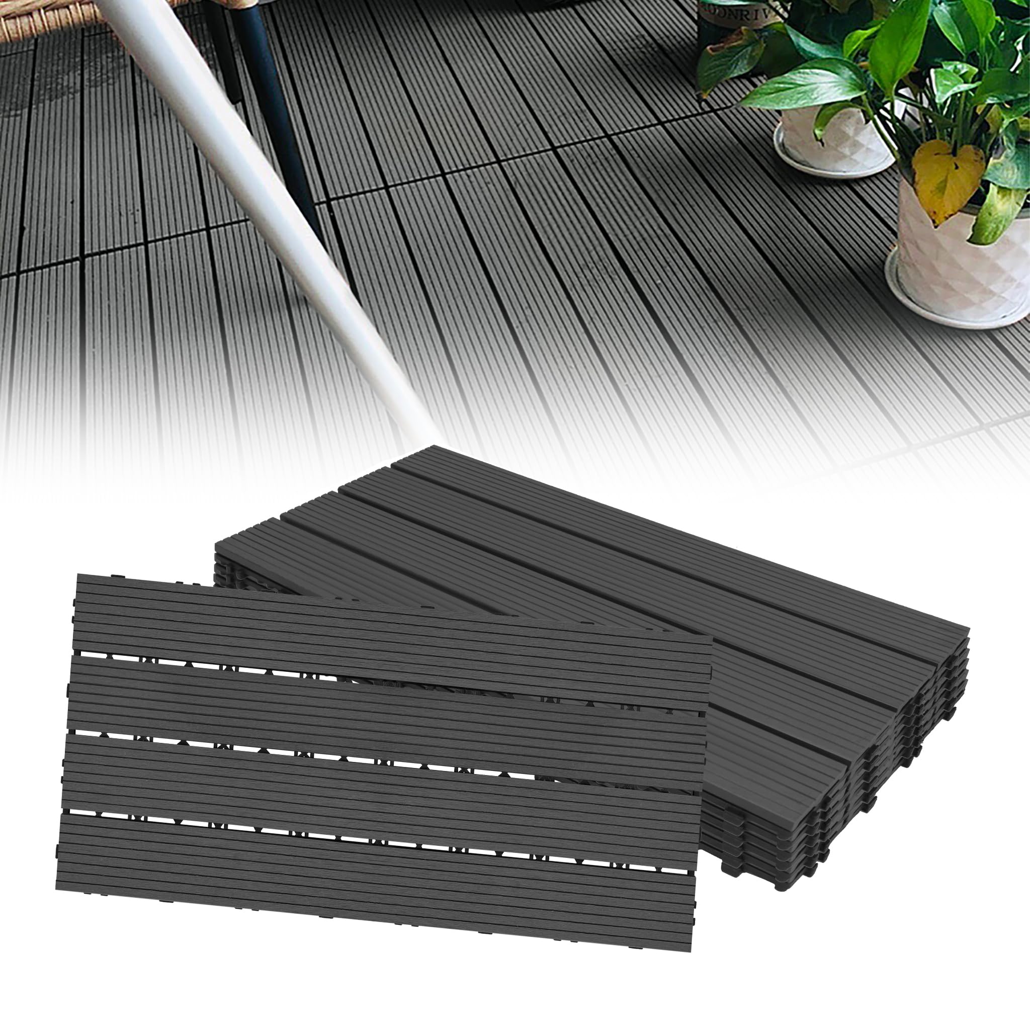 WPC - Piastrelle da pavimento, piastrelle da giardino, 60 x 30 cm, 12 pezzi/2 m², effetto legno, per balconi, terrazze, resistenti alle intemperie, con funzione drenaggio, colore antracite